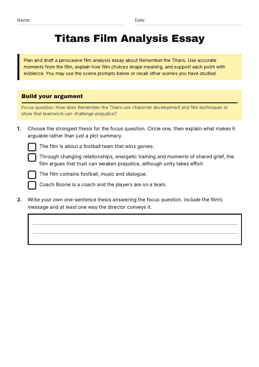 Titans Film Analysis Essay, page 1 of 4: Build your argument, Plan and draft