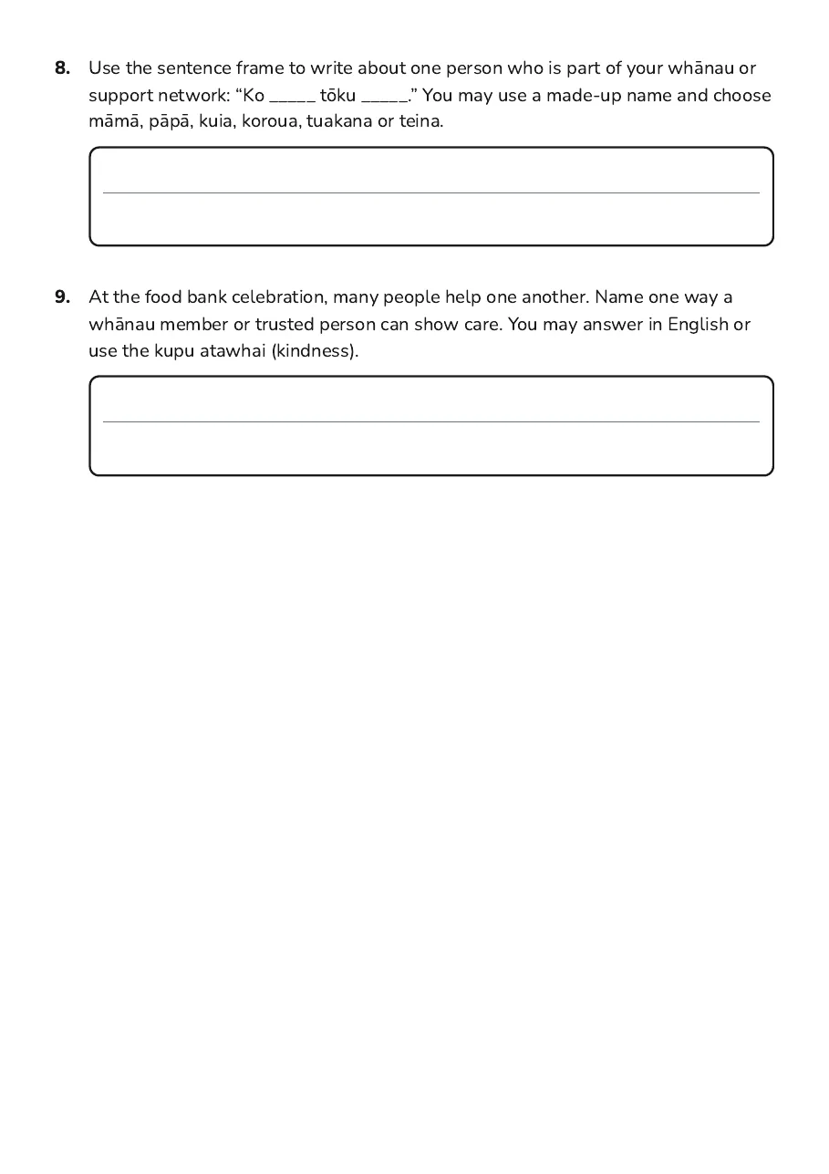 Te Reo Whānau Tree, page 3 of 3: 8. Use the sentence frame to write about one person who is part of your whā nau or