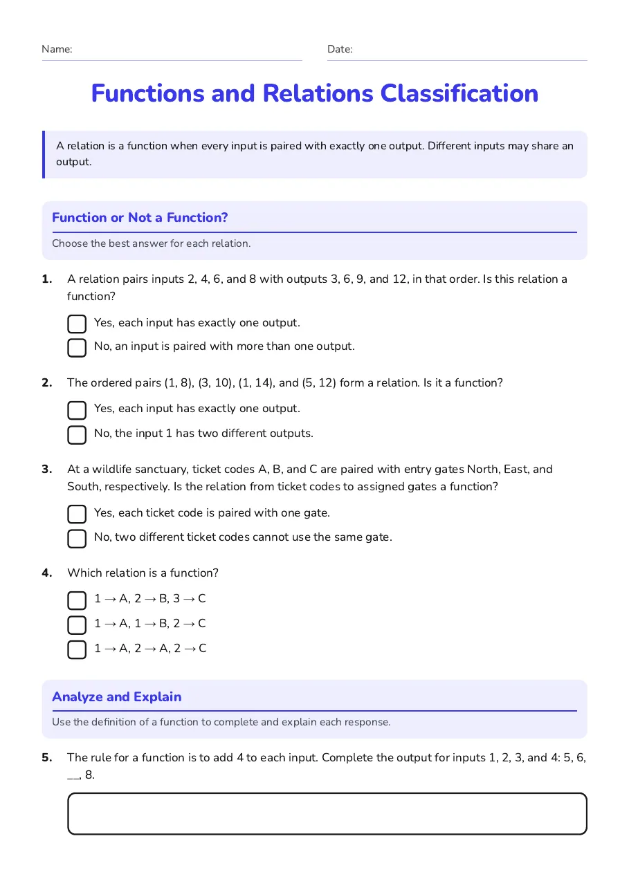 Functions and Relations Classification, page 1 of 2: Function or Not a Function?, Analyze and Explain