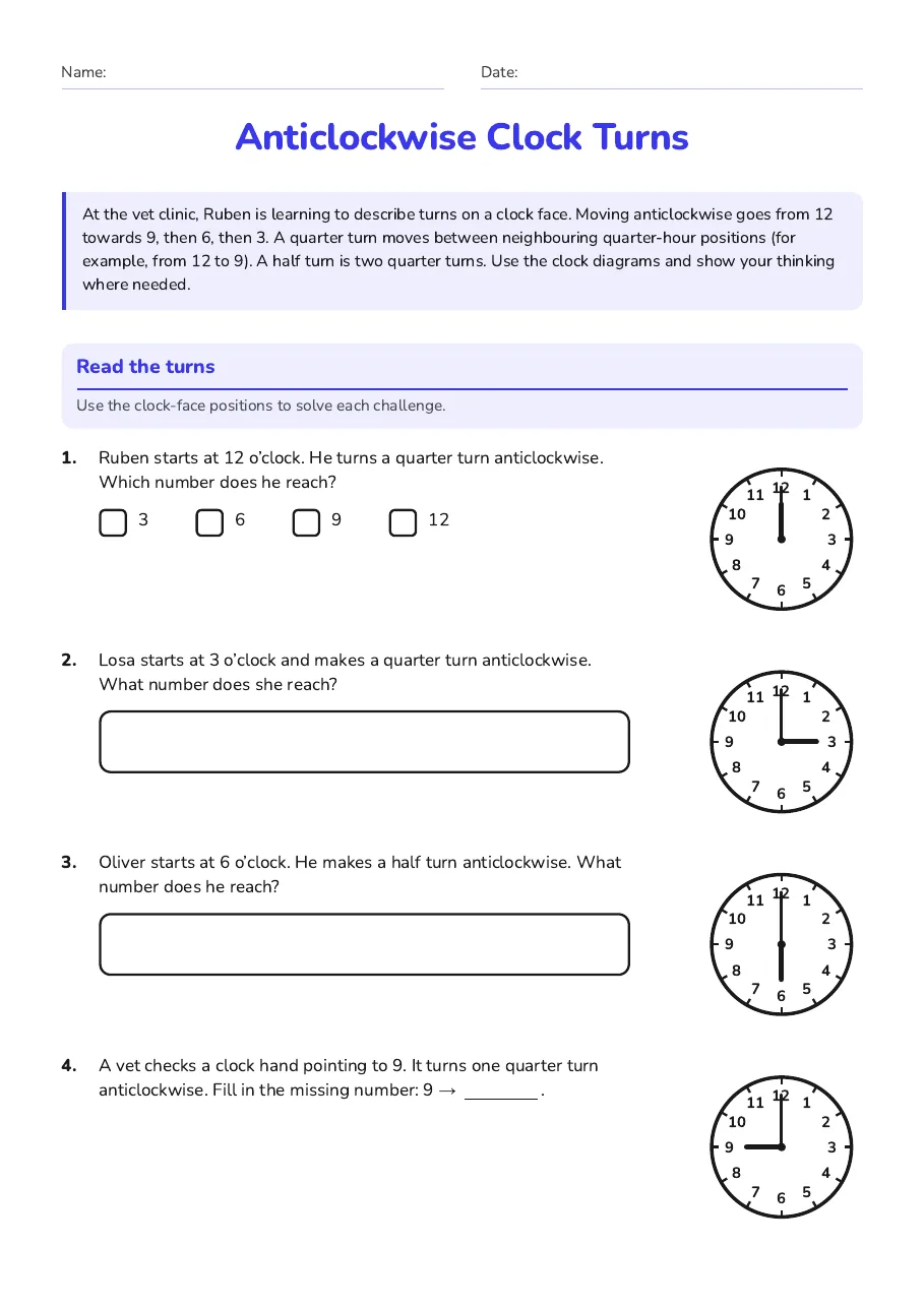 Anticlockwise Clock Turns, page 1 of 2: Read the turns