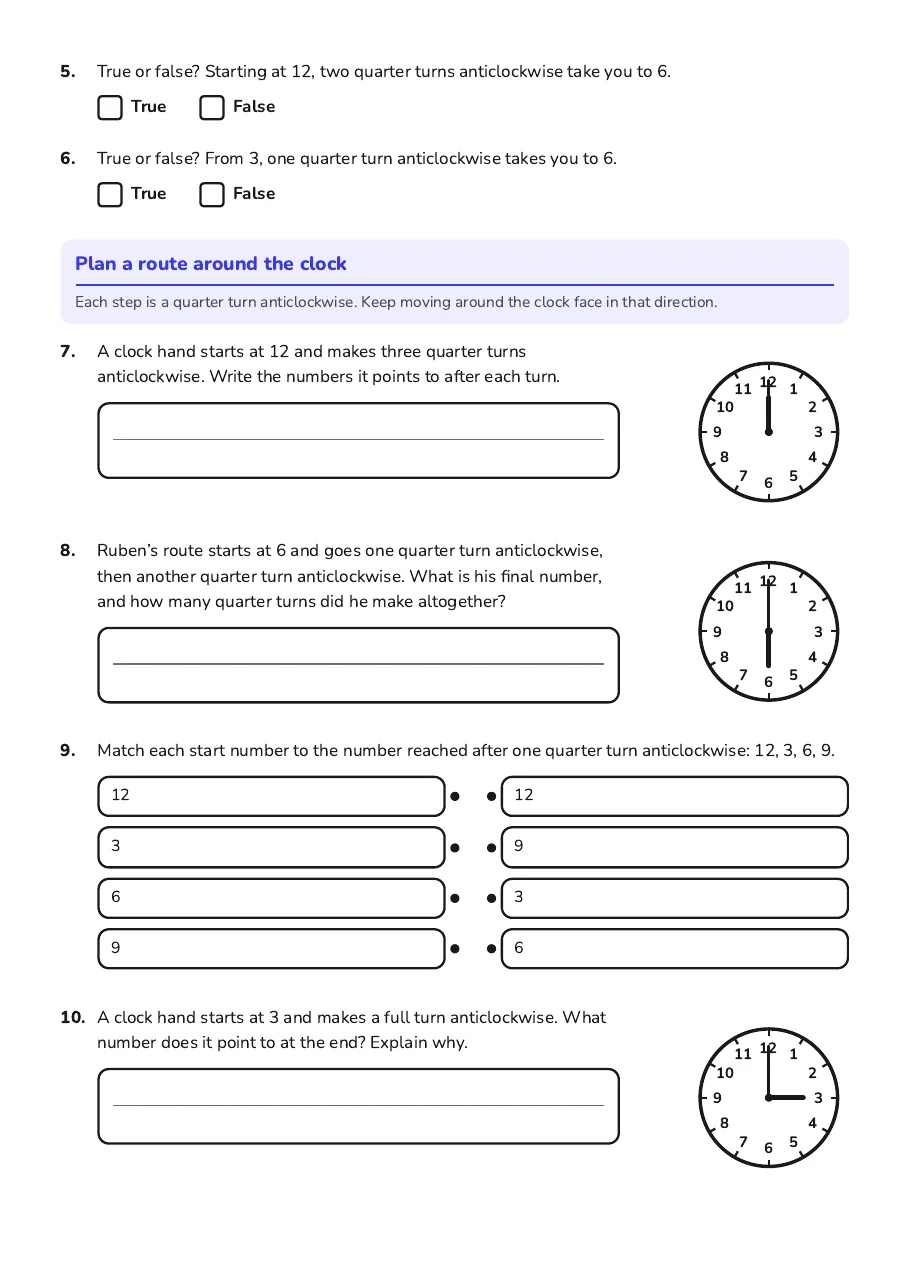 Anticlockwise Clock Turns, page 2 of 2: Plan a route around the clock