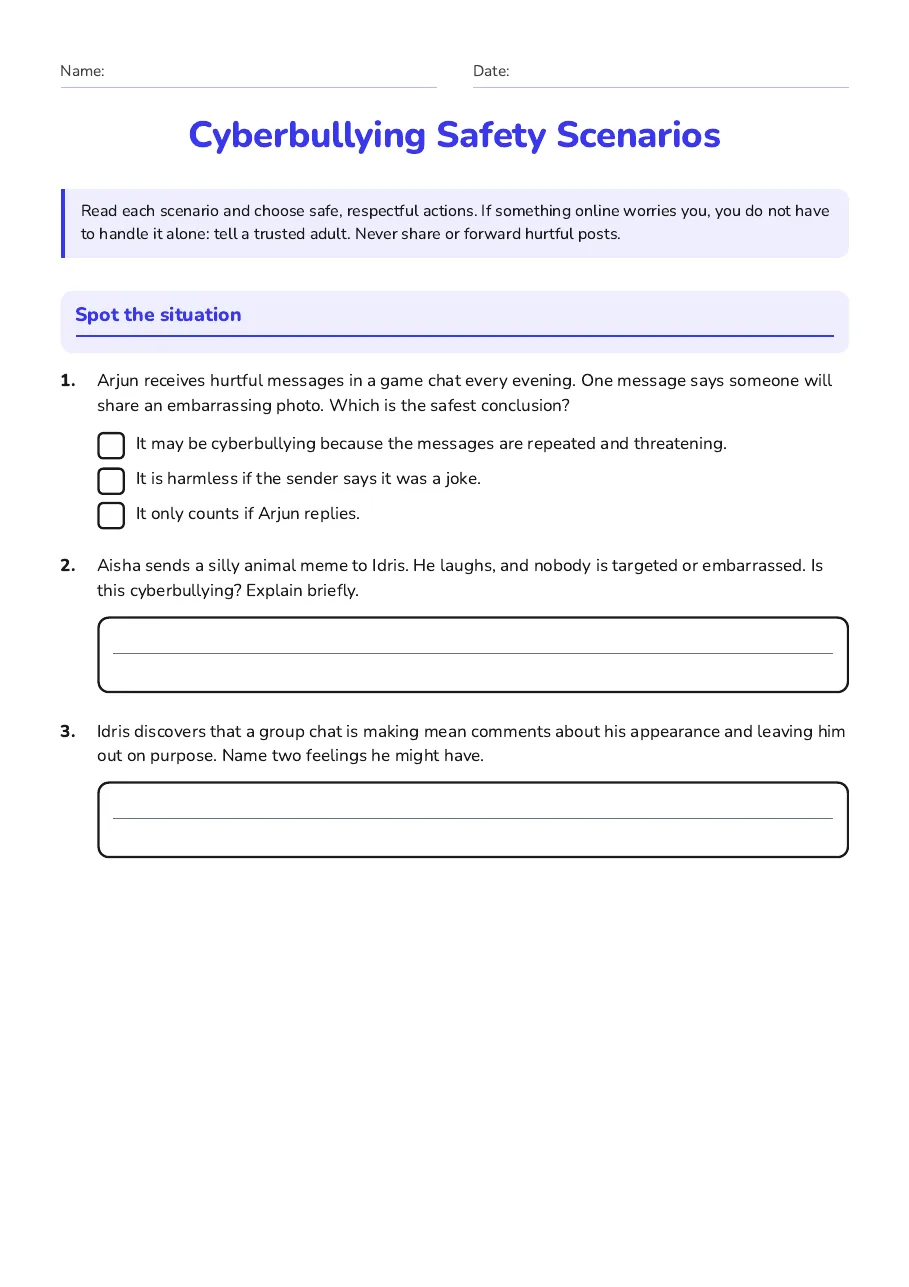Cyberbullying Safety Scenarios, page 1 of 3: Spot the situation