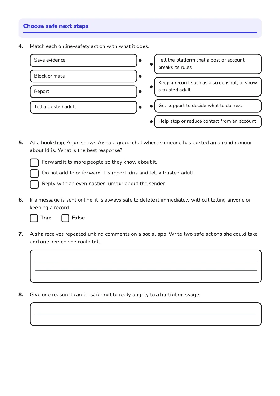 Cyberbullying Safety Scenarios, page 2 of 3: Choose safe next steps