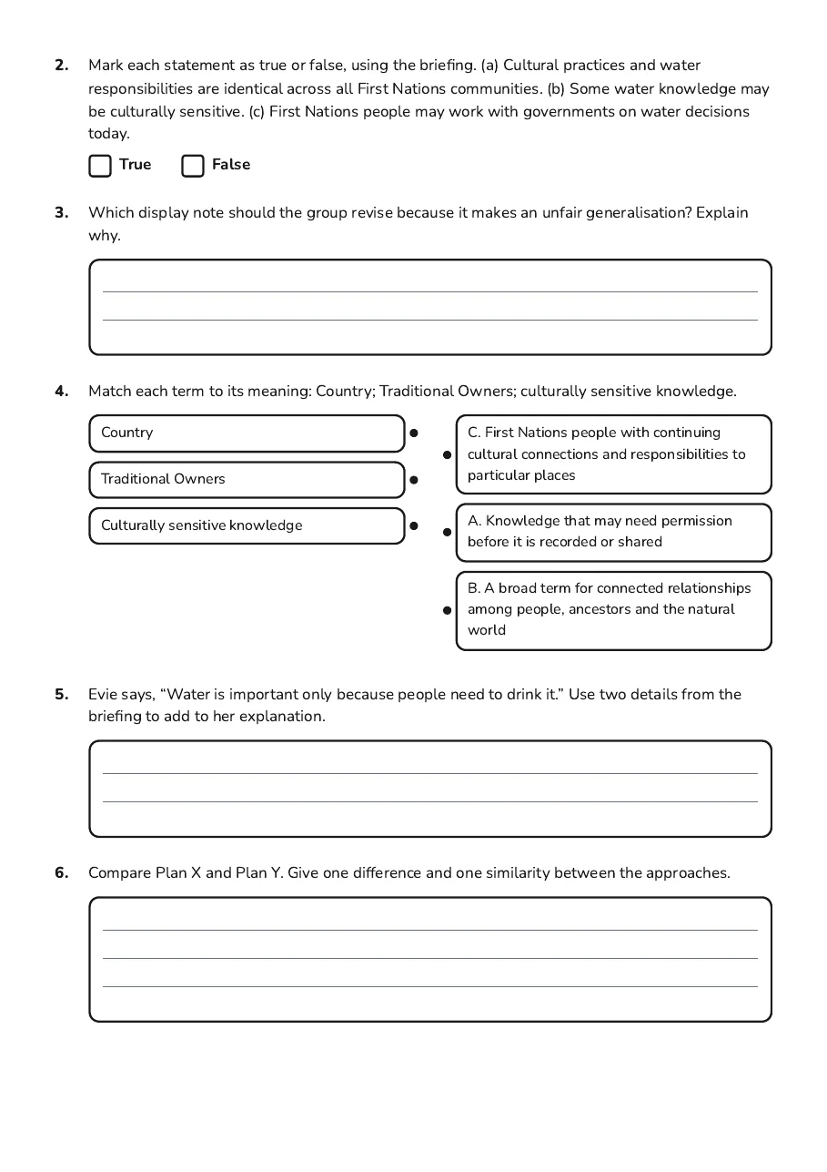 Indigenous Water Cultural Significance, page 2 of 3: 2. Mark each statement as true or false, using the briefing. (a) Cultural practices and…
