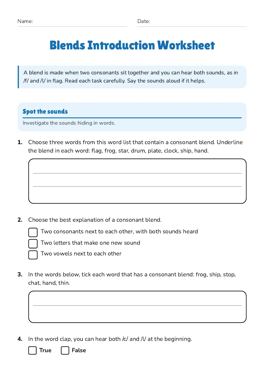 Blends Introduction Worksheet, page 1 of 3: Spot the sounds