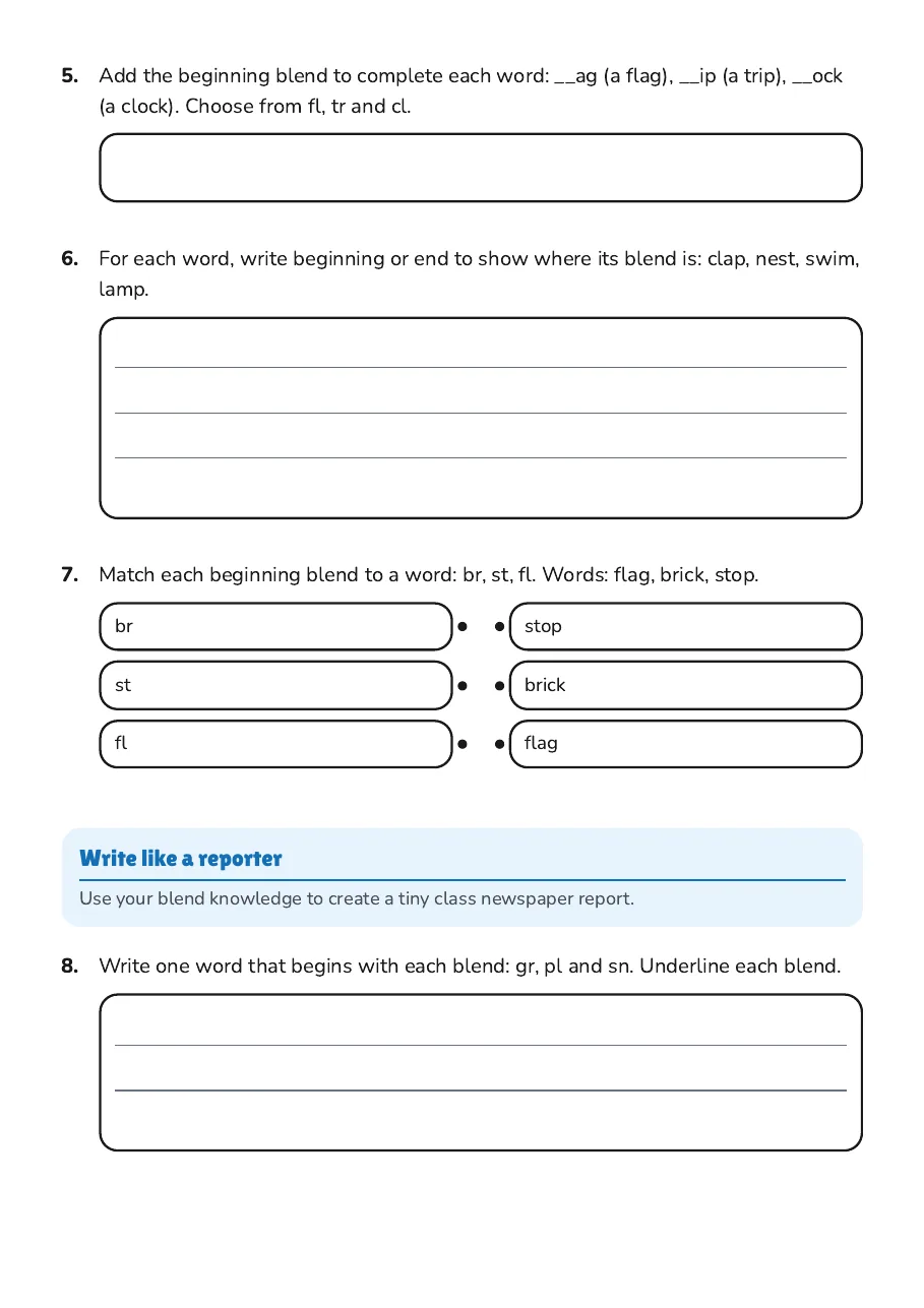 Blends Introduction Worksheet, page 2 of 3: Write like a reporter