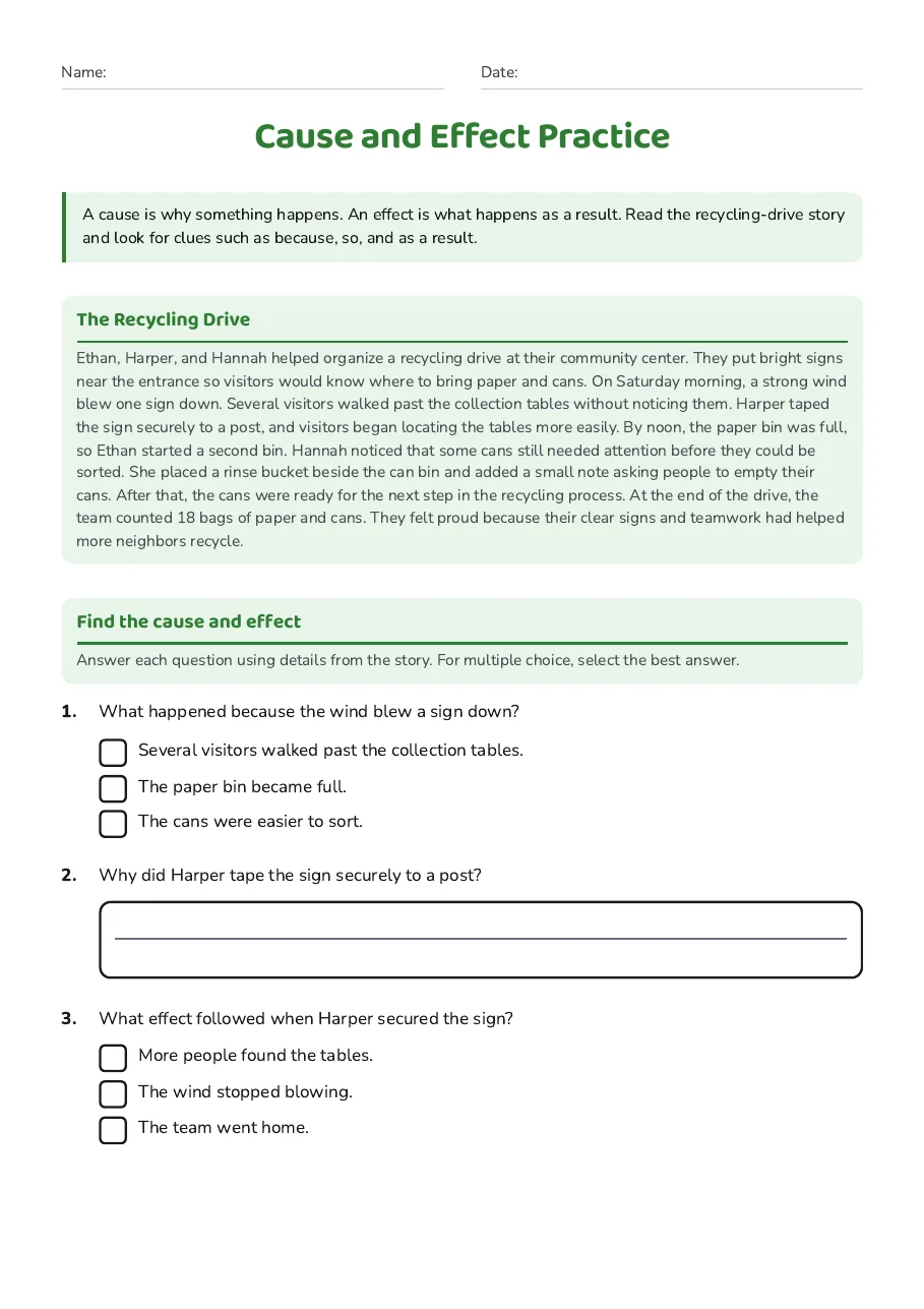 Cause and Effect Practice, page 1 of 2: The Recycling Drive, Find the cause and effect