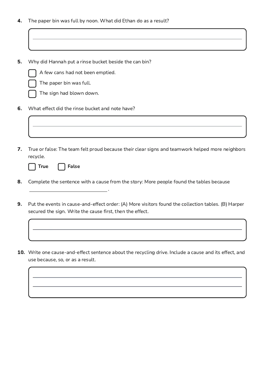 Cause and Effect Practice, page 2 of 2: 4. The paper bin was full by noon. What did Ethan do as a result?