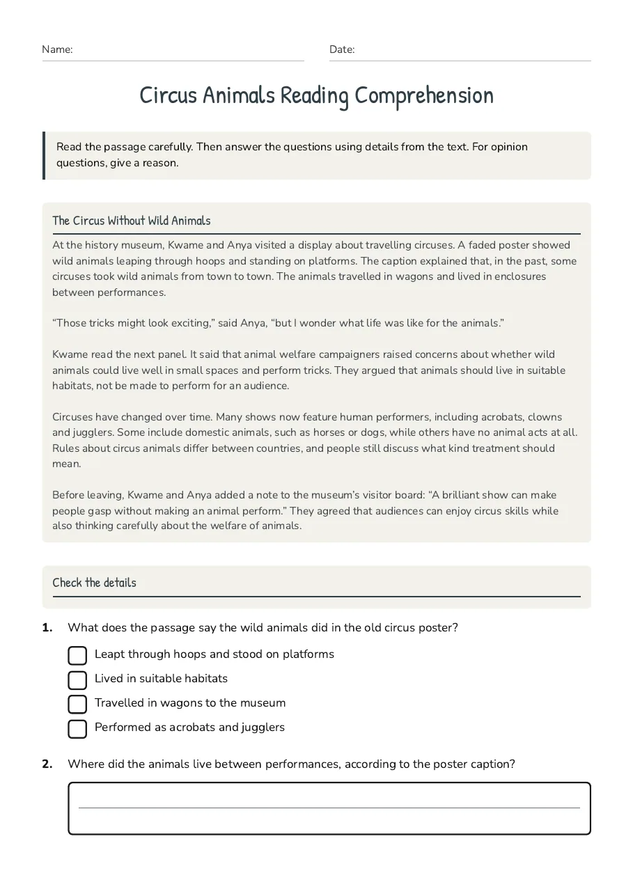 Circus Animals Reading Comprehension, page 1 of 3: The Circus Without Wild Animals, Check the details