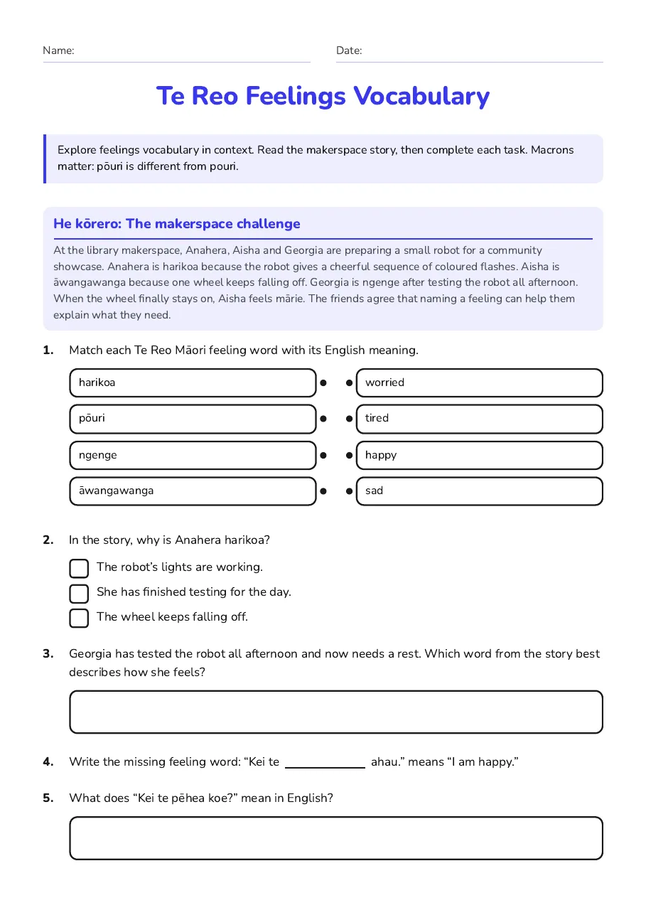 Te Reo Feelings Vocabulary, page 1 of 2: Explore feelings vocabulary in context. Read the makerspace story, then complete each…