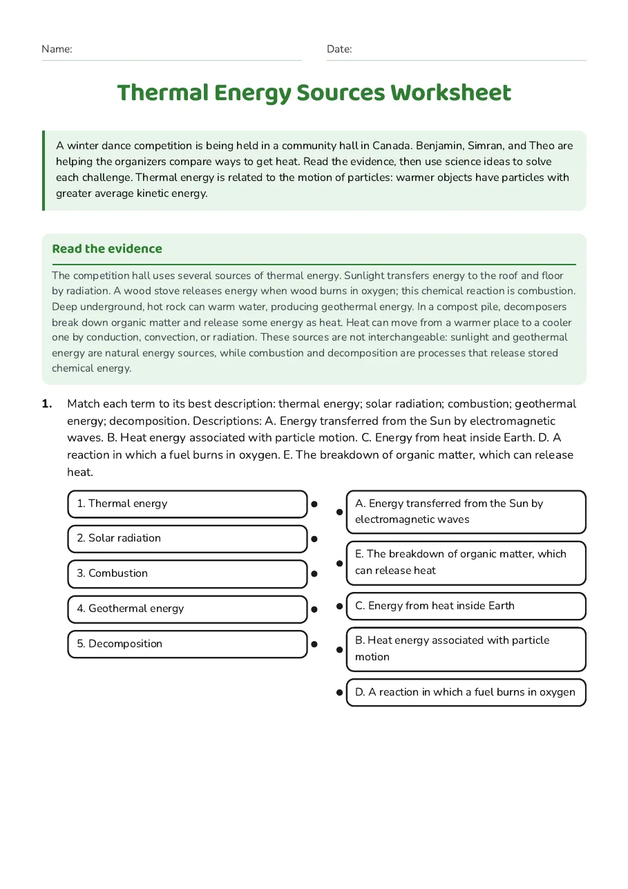 Thermal Energy Sources Worksheet, page 1 of 3: Read the evidence