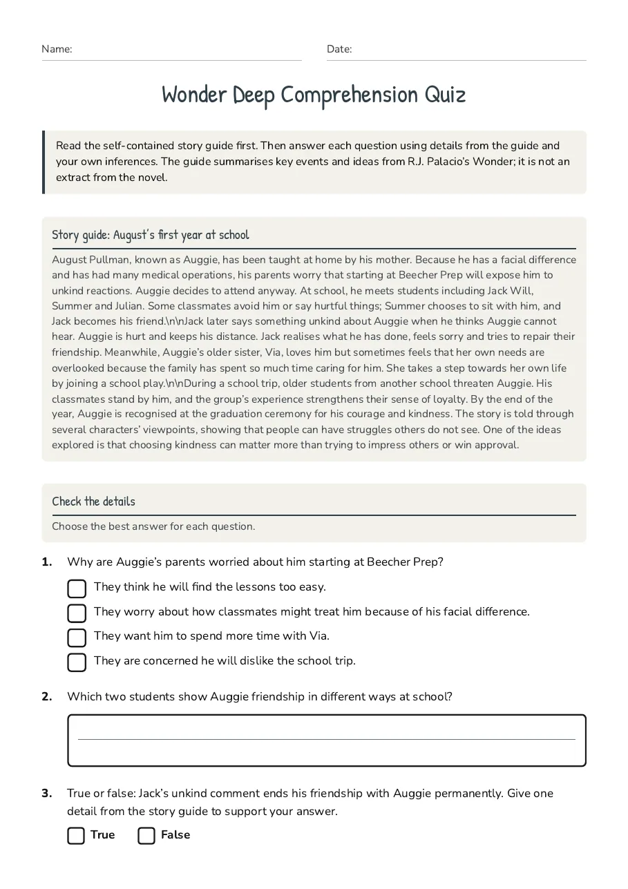 Wonder Deep Comprehension Quiz, page 1 of 3: Story guide: August’s first year at school, Check the details
