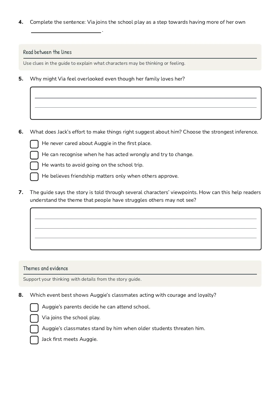 Wonder Deep Comprehension Quiz, page 2 of 3: Read between the lines, Themes and evidence