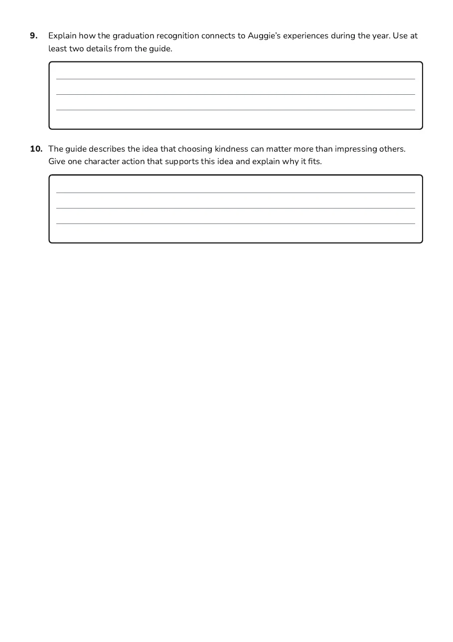 Wonder Deep Comprehension Quiz, page 3 of 3: 9. Explain how the graduation recognition connects to Auggie’s experiences during the…
