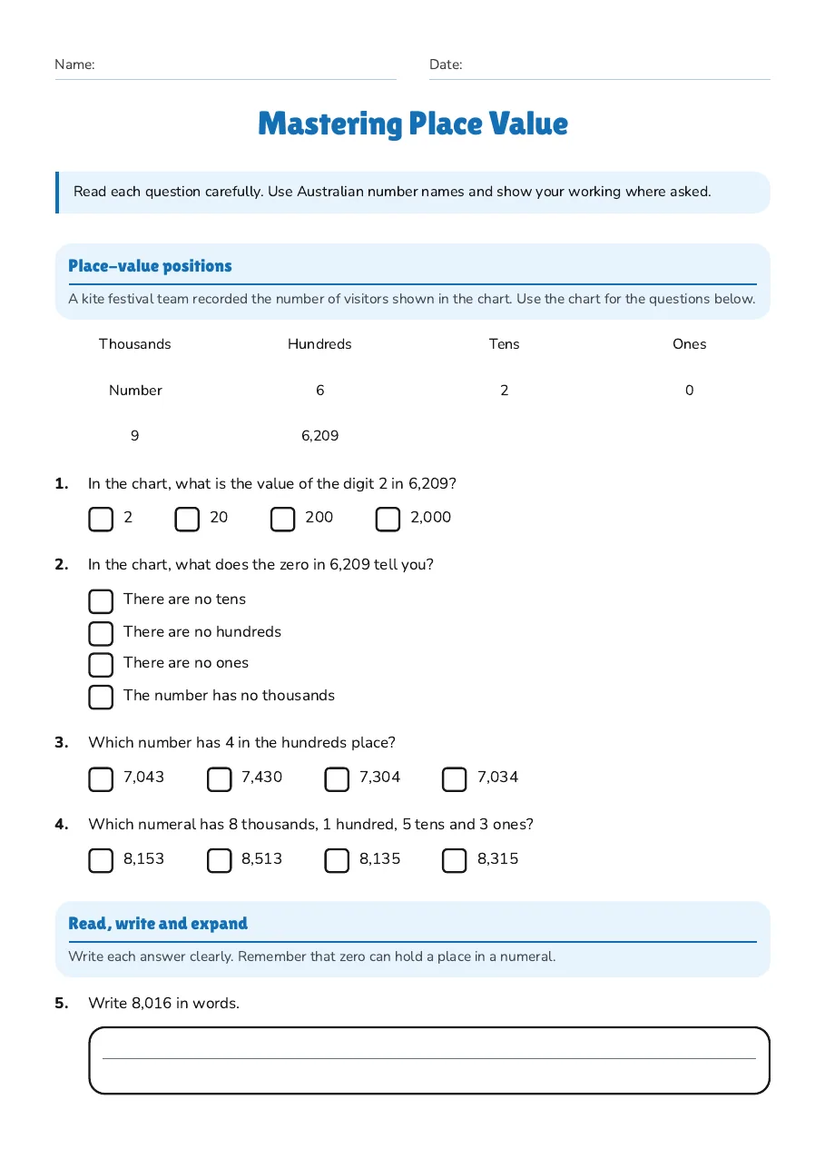 Mastering Place Value, page 1 of 3: Place-value positions, Read, write and expand