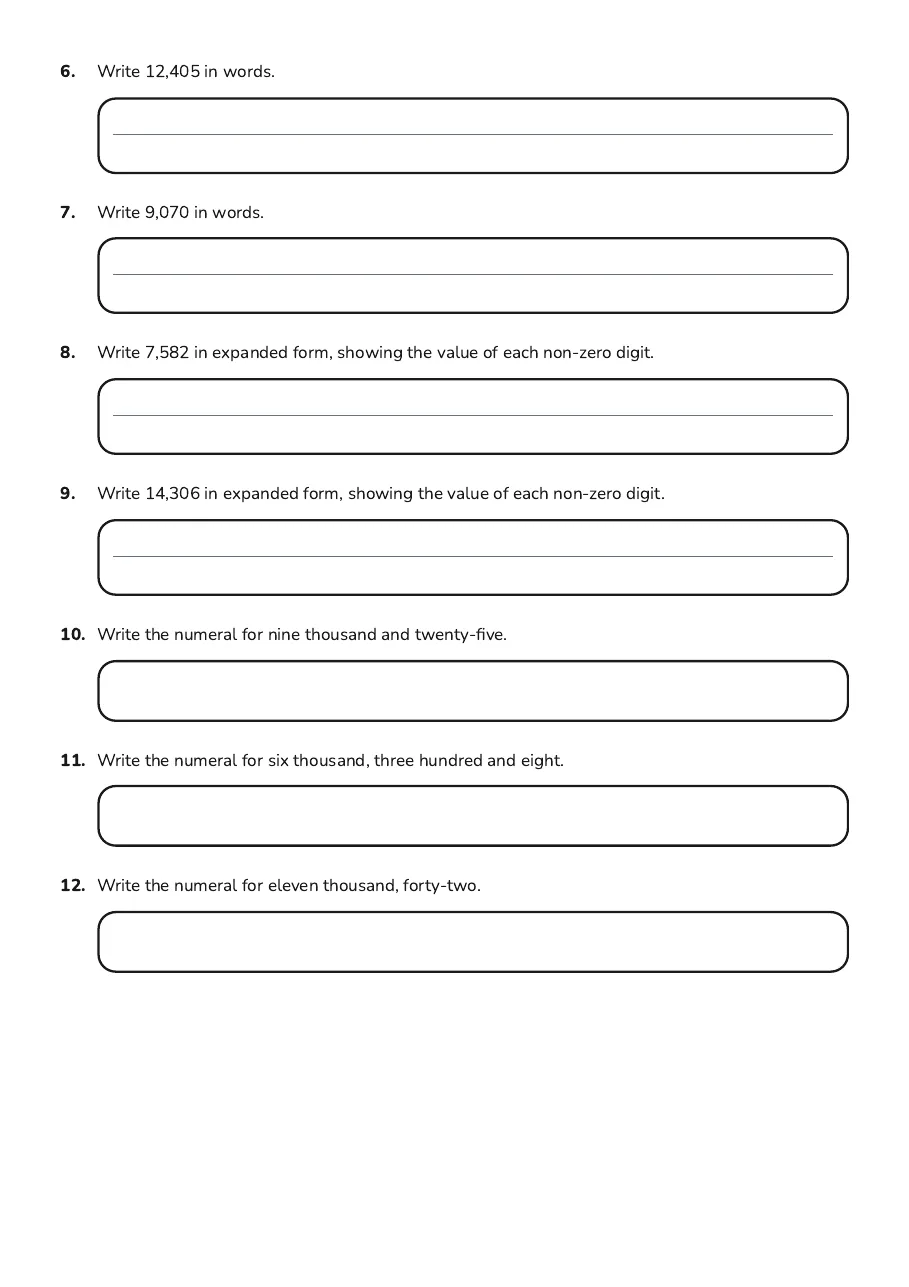 Mastering Place Value, page 2 of 3: 6. Write 12,405 in words.
