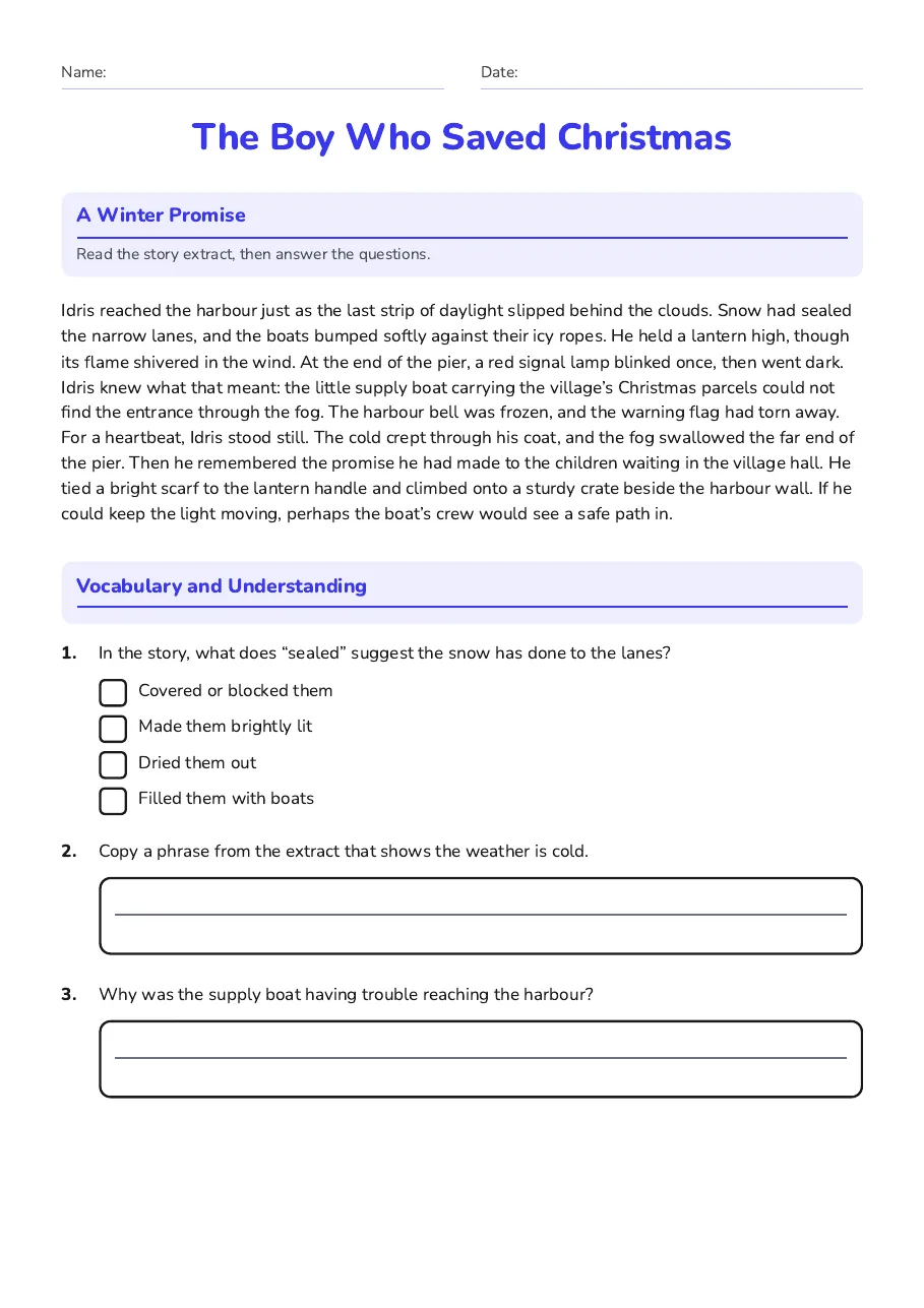 The Boy Who Saved Christmas, page 1 of 3: A Winter Promise, Vocabulary and Understanding