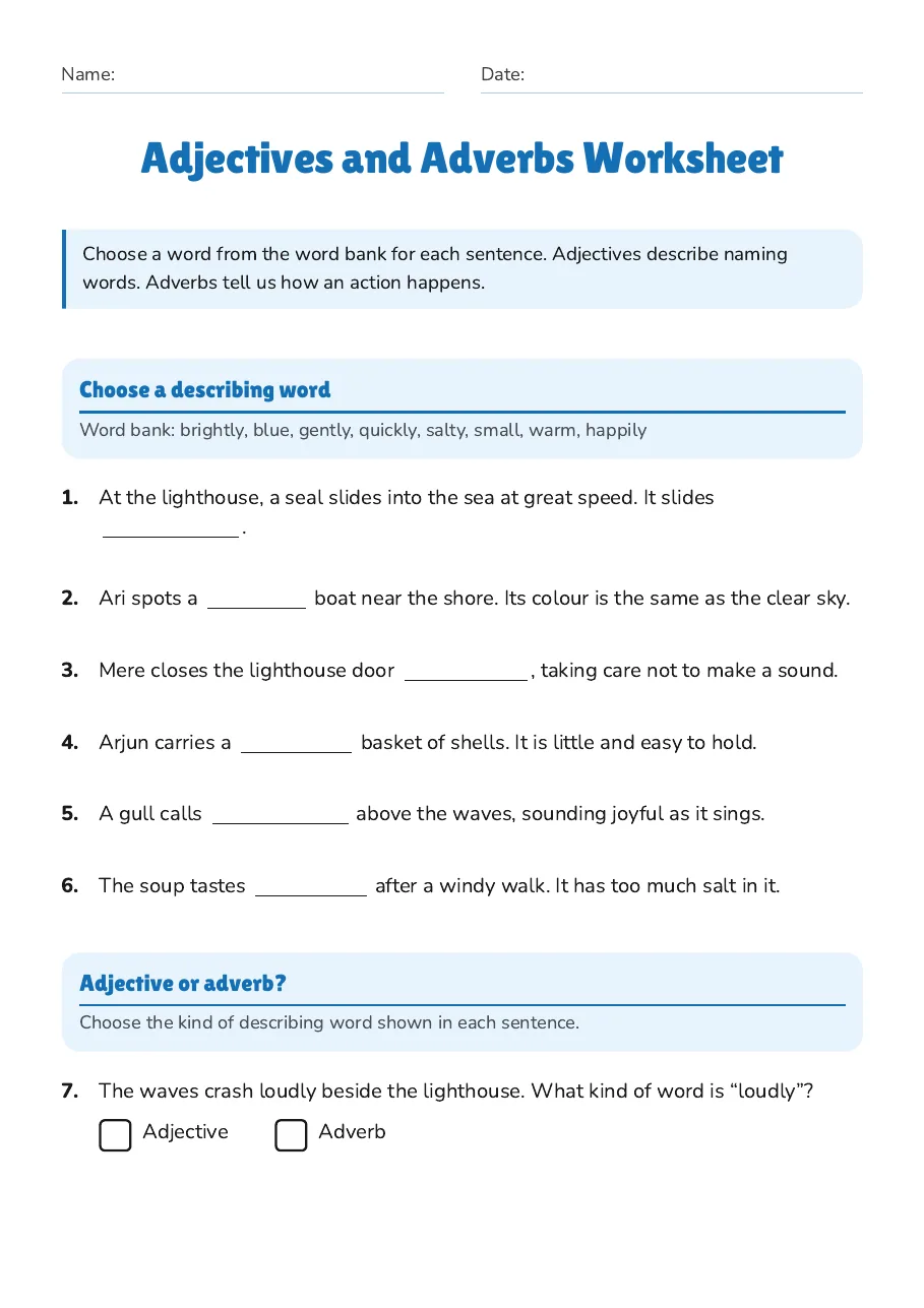 Adjectives and Adverbs Worksheet, page 1 of 2: Choose a describing word, Adjective or adverb?