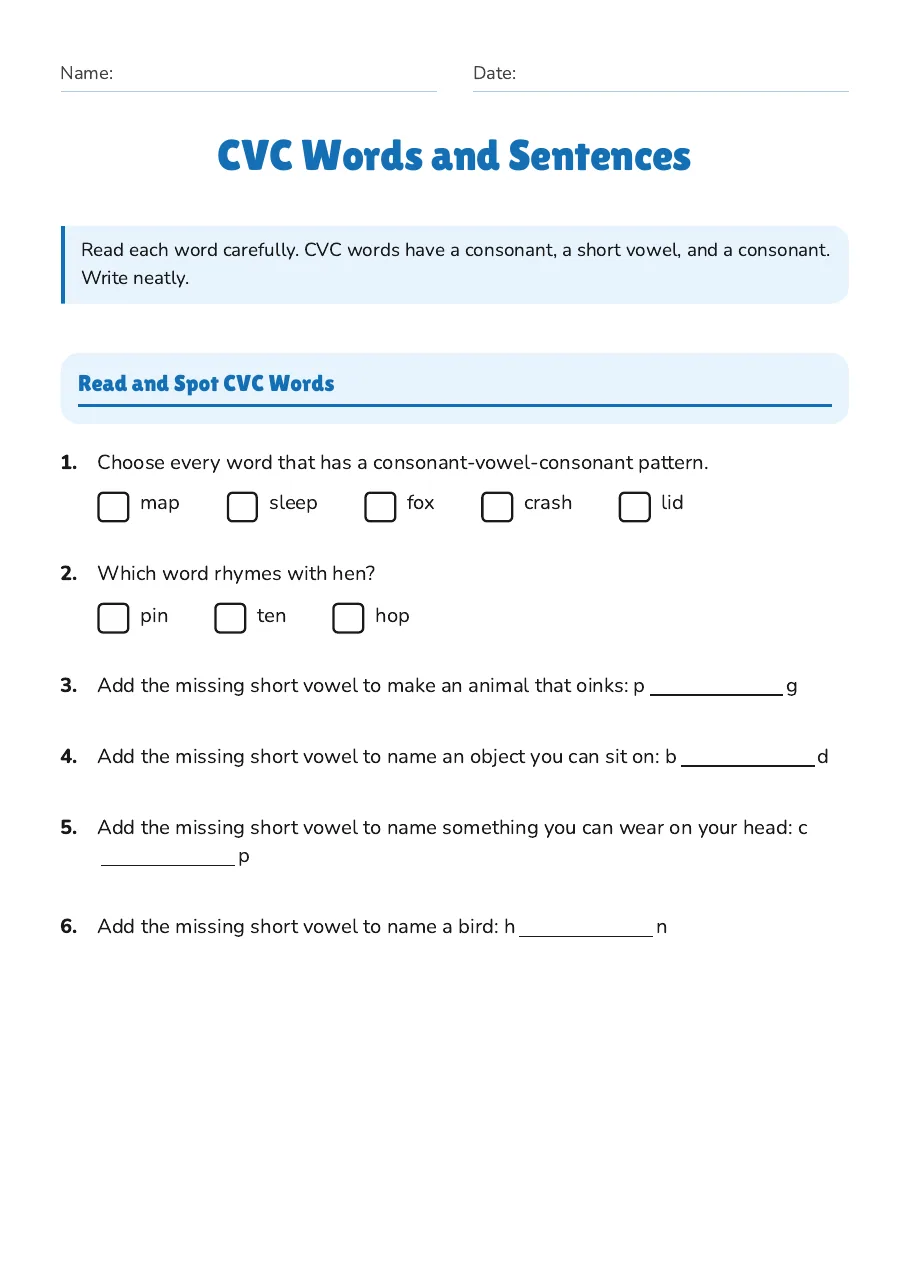 CVC Words and Sentences, page 1 of 3: Read and Spot CVC Words