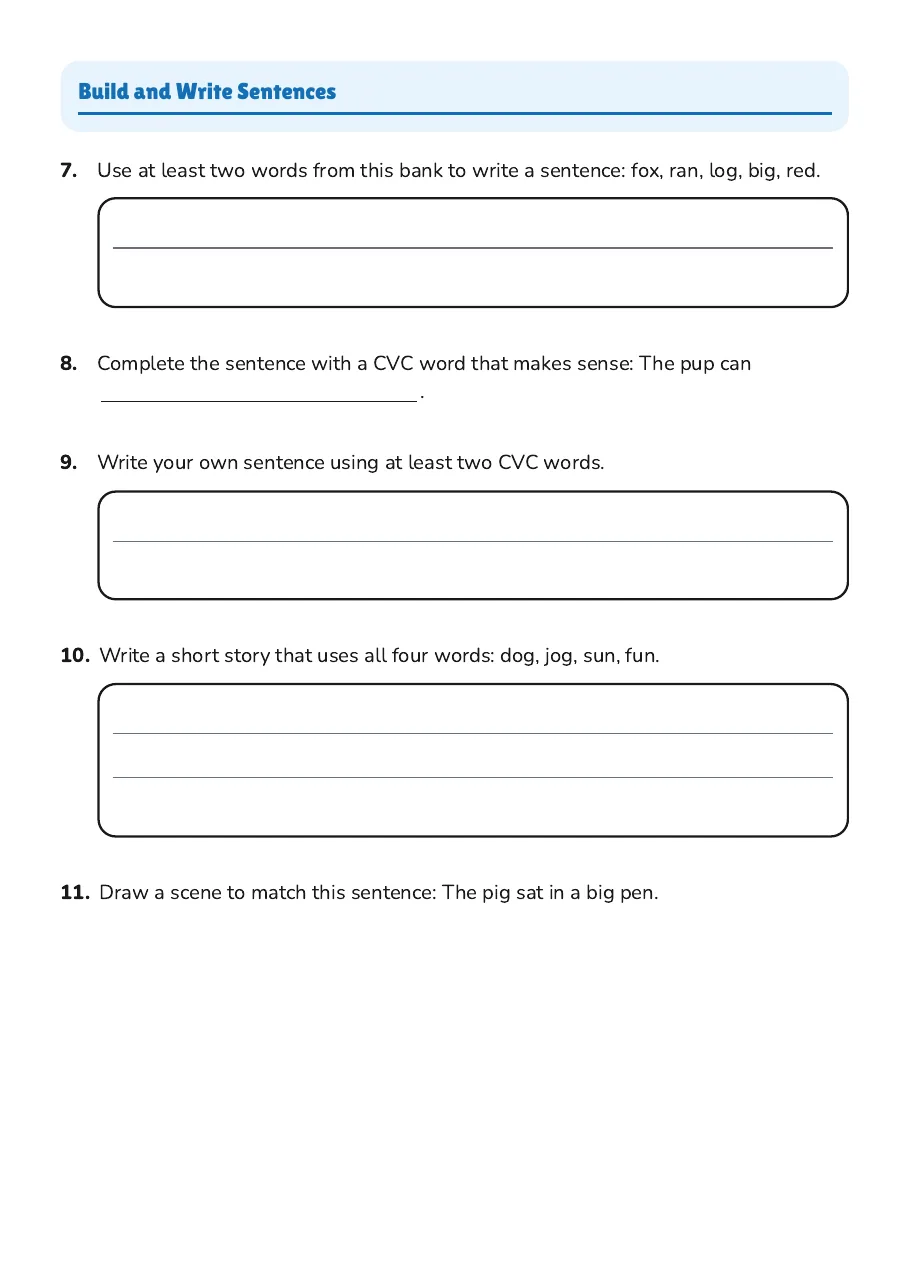 CVC Words and Sentences, page 2 of 3: Build and Write Sentences