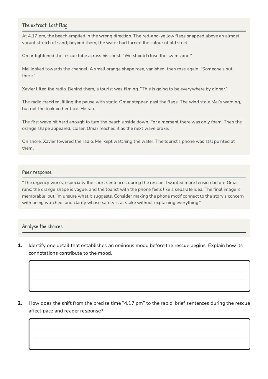 Revising Narrative Impact, page 2 of 4: The extract: Last Flag, Peer response, Analyse the choices