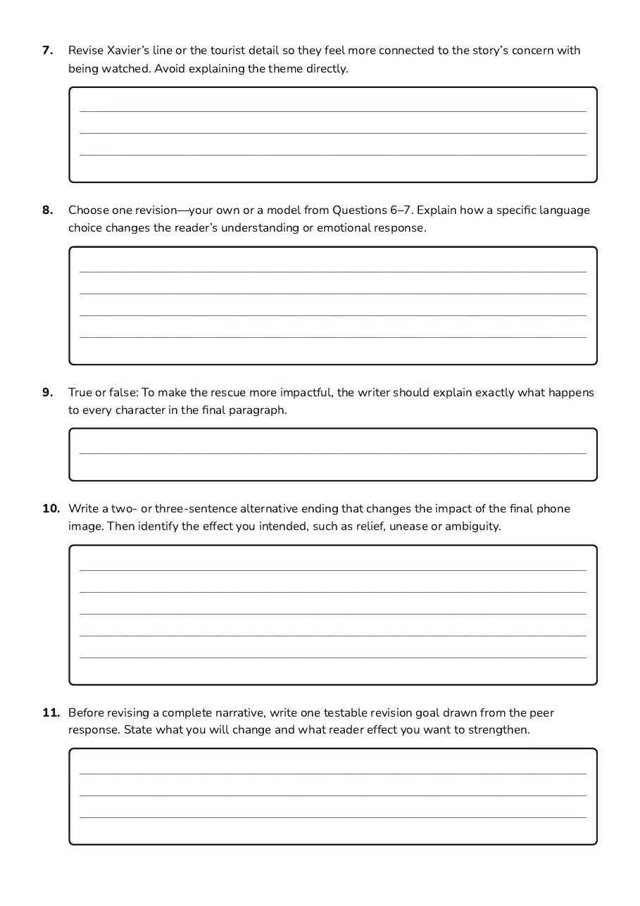 Revising Narrative Impact, page 4 of 4: 7. Revise Xavier’s line or the tourist detail so they feel more connected to the story’s…
