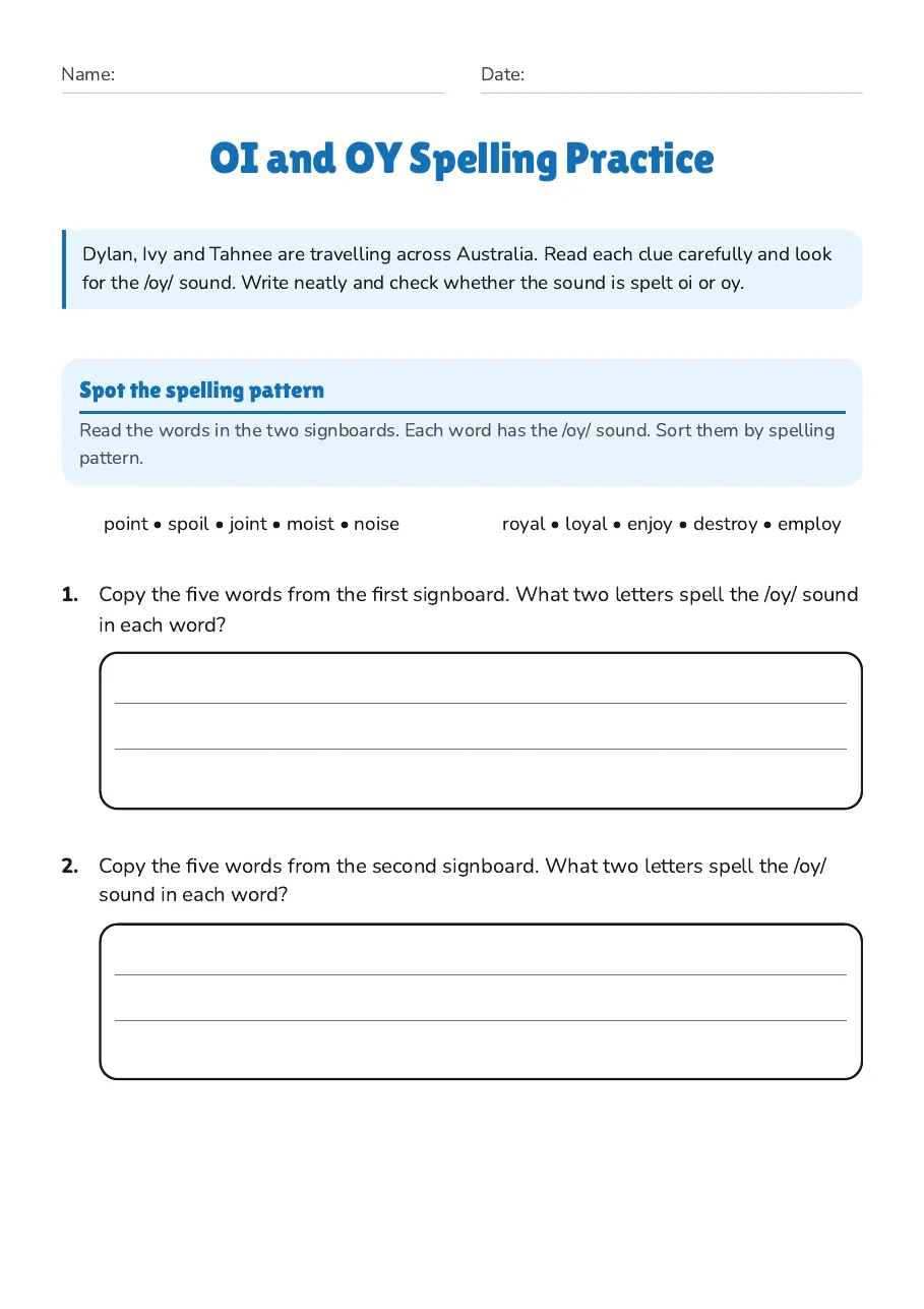 OI and OY Spelling Practice, page 1 of 2: Spot the spelling pattern