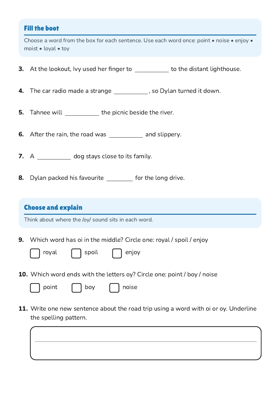 OI and OY Spelling Practice, page 2 of 2: Fill the boot, Choose and explain