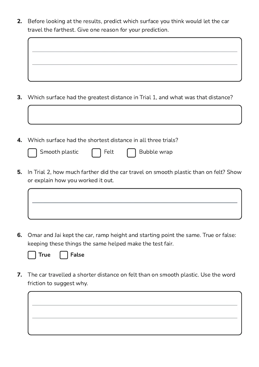 Science Experiment Reflection, page 2 of 3: 2. Before looking at the results, predict which surface you think would let the car