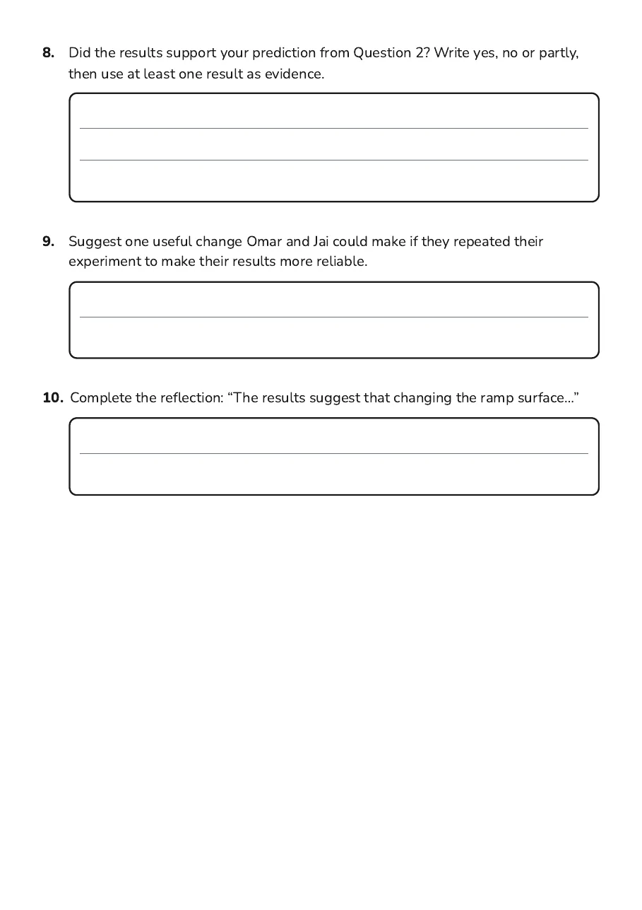 Science Experiment Reflection, page 3 of 3: 8. Did the results support your prediction from Question 2? Write yes, no or partly,