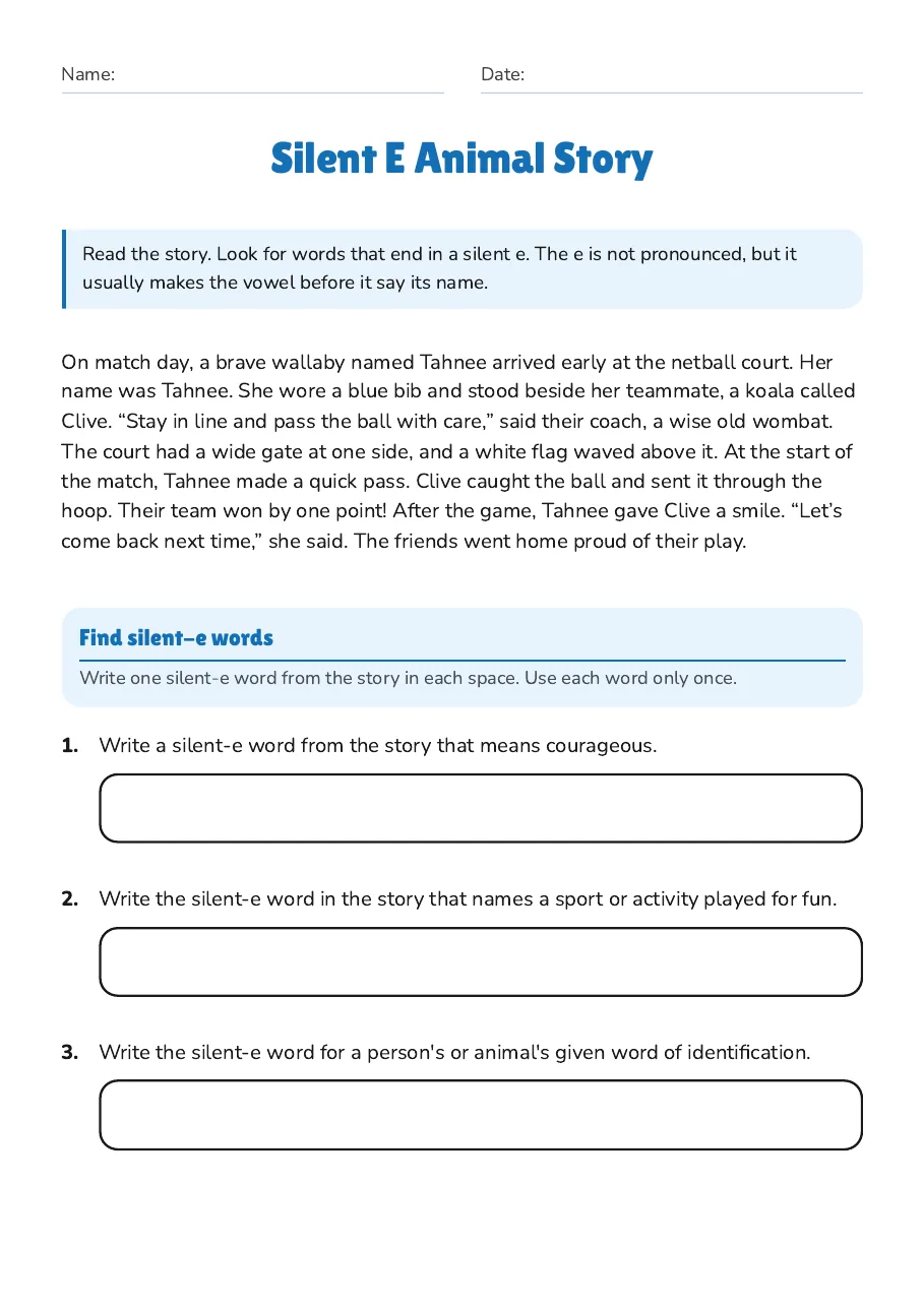 Silent E Animal Story, page 1 of 3: Find silent-e words