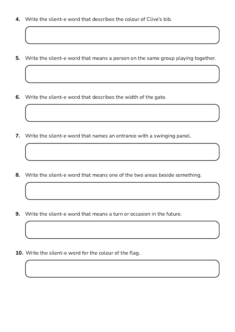 Silent E Animal Story, page 2 of 3: 4. Write the silent-e word that describes the colour of Clive's bib.