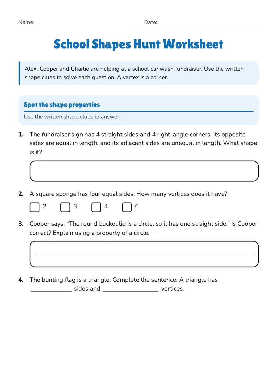 School Shapes Hunt Worksheet, page 1 of 3: Spot the shape properties