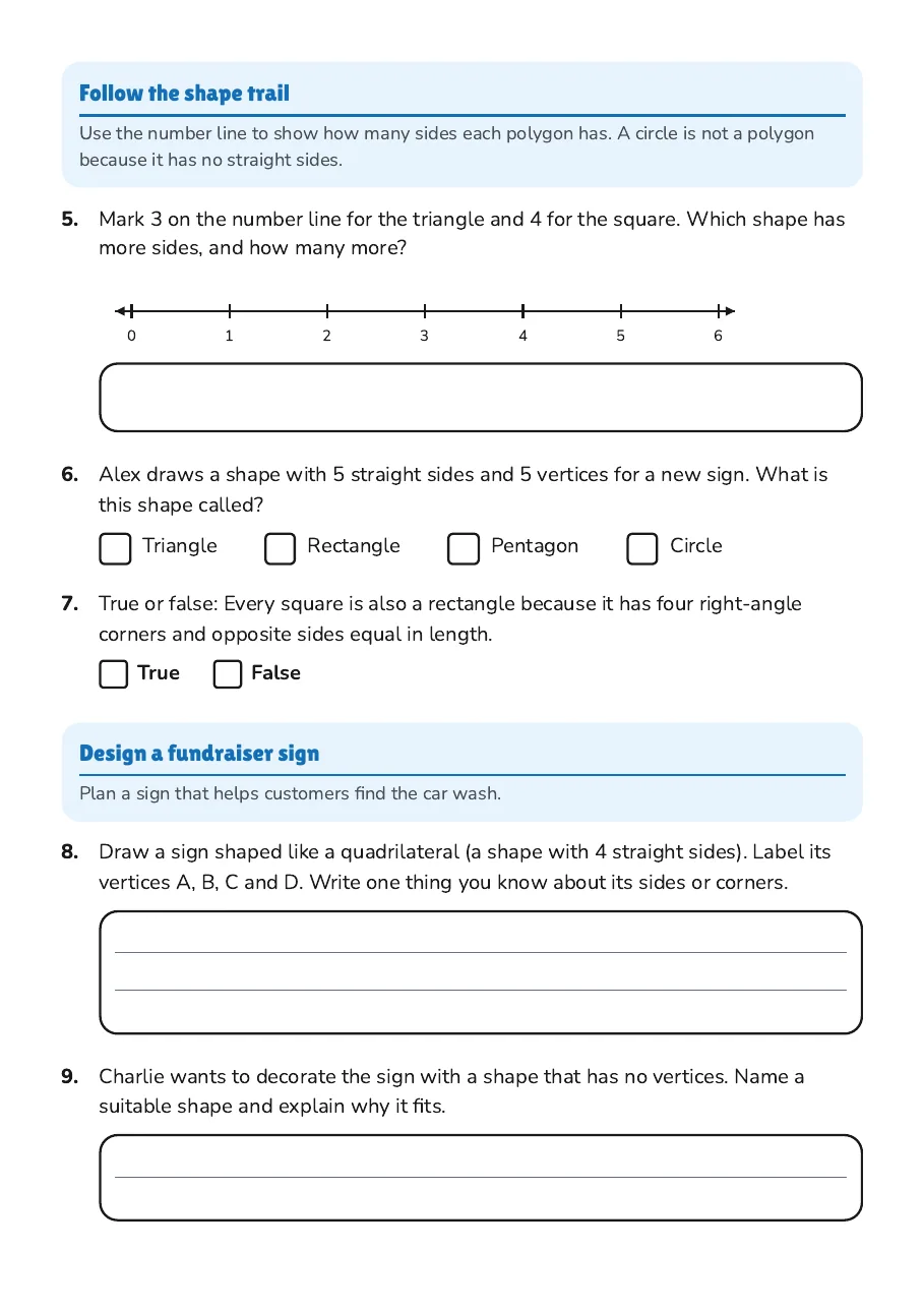 School Shapes Hunt Worksheet, page 2 of 3: Follow the shape trail, Design a fundraiser sign