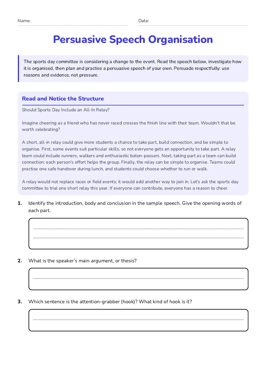 Persuasive Speech Organisation, page 1 of 3: Read and Notice the Structure