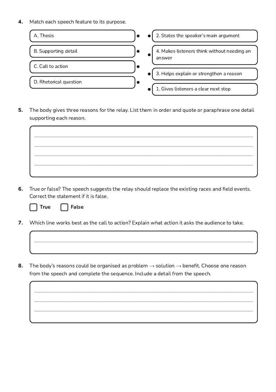 Persuasive Speech Organisation, page 2 of 3: 4. Match each speech feature to its purpose.