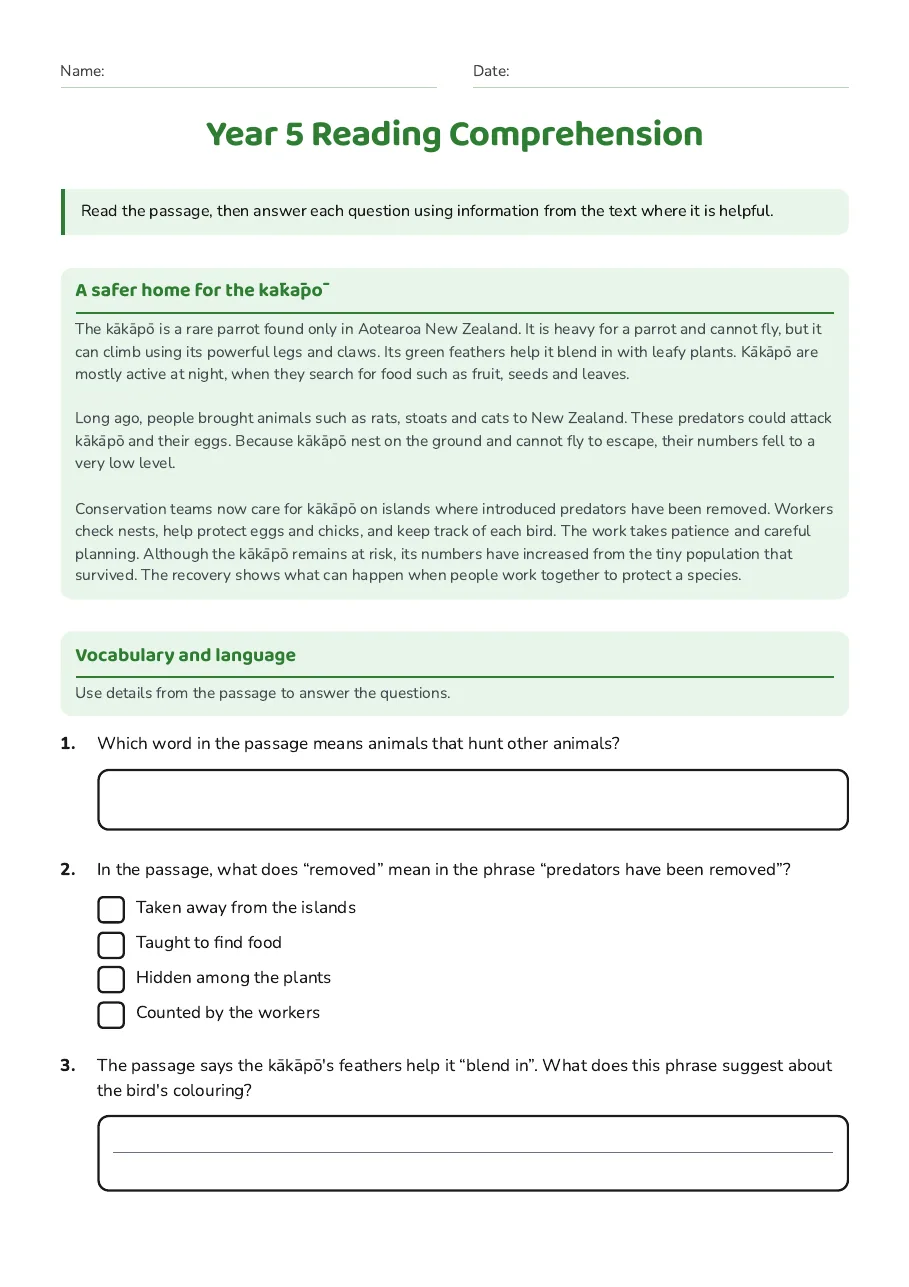 Year 5 Reading Comprehension, page 1 of 3: A safer home for the kākāpō, Vocabulary and language