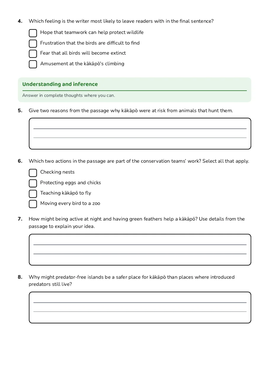 Year 5 Reading Comprehension, page 2 of 3: Understanding and inference