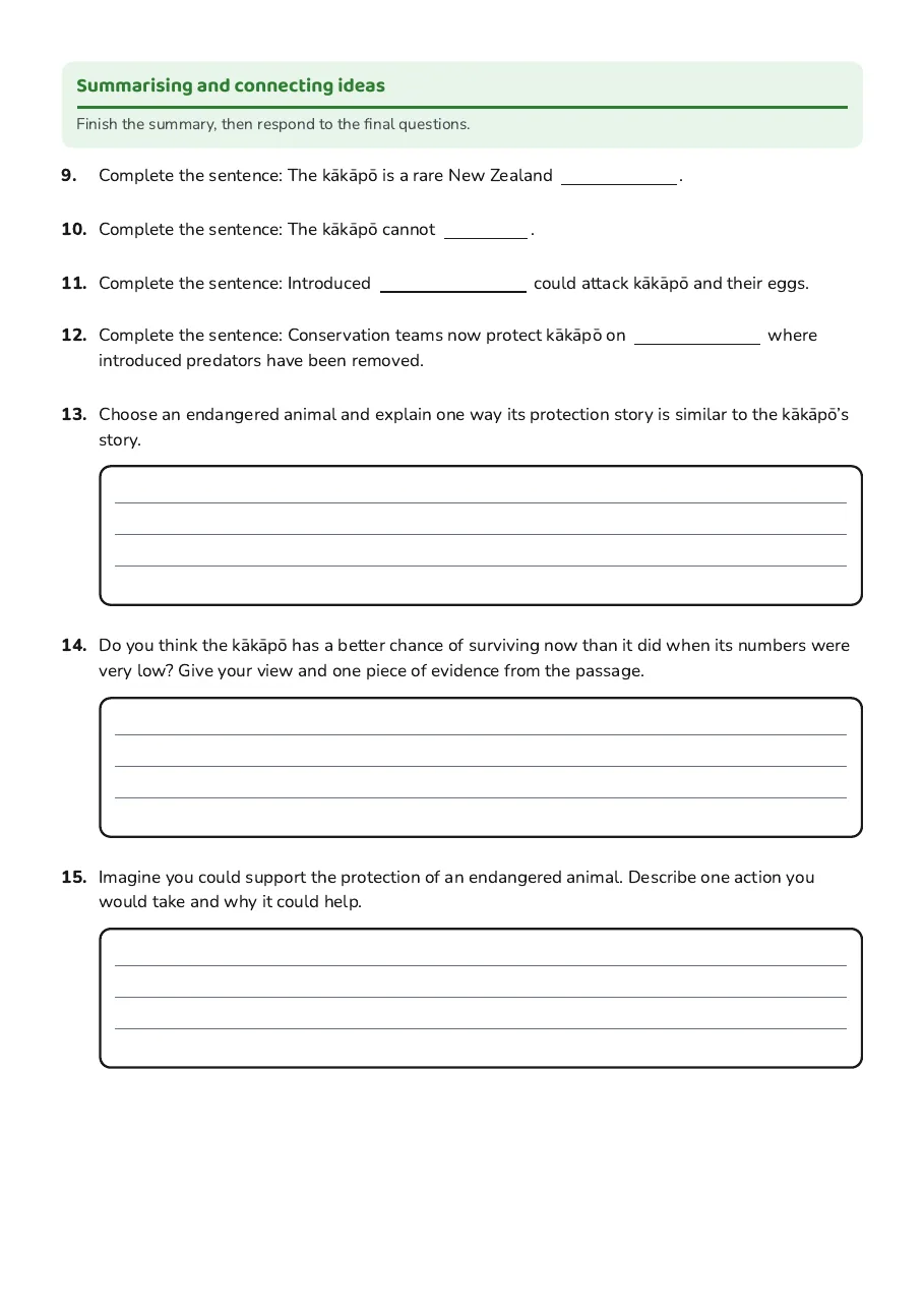 Year 5 Reading Comprehension, page 3 of 3: Summarising and connecting ideas