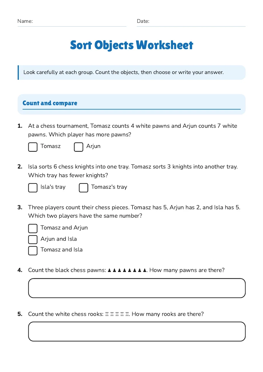 Sort Objects Worksheet, page 1 of 3: Count and compare