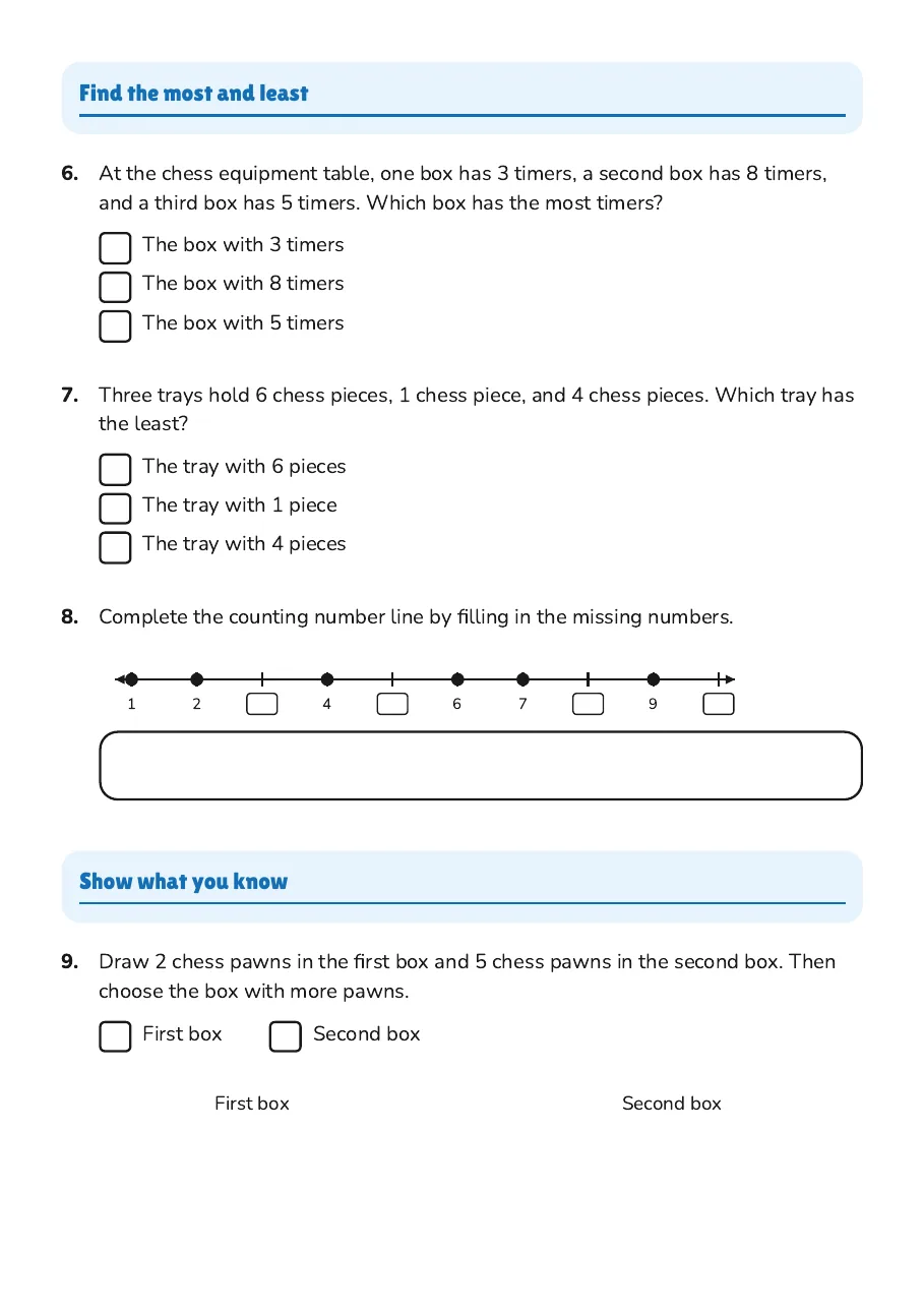 Sort Objects Worksheet, page 2 of 3: Find the most and least, Show what you know