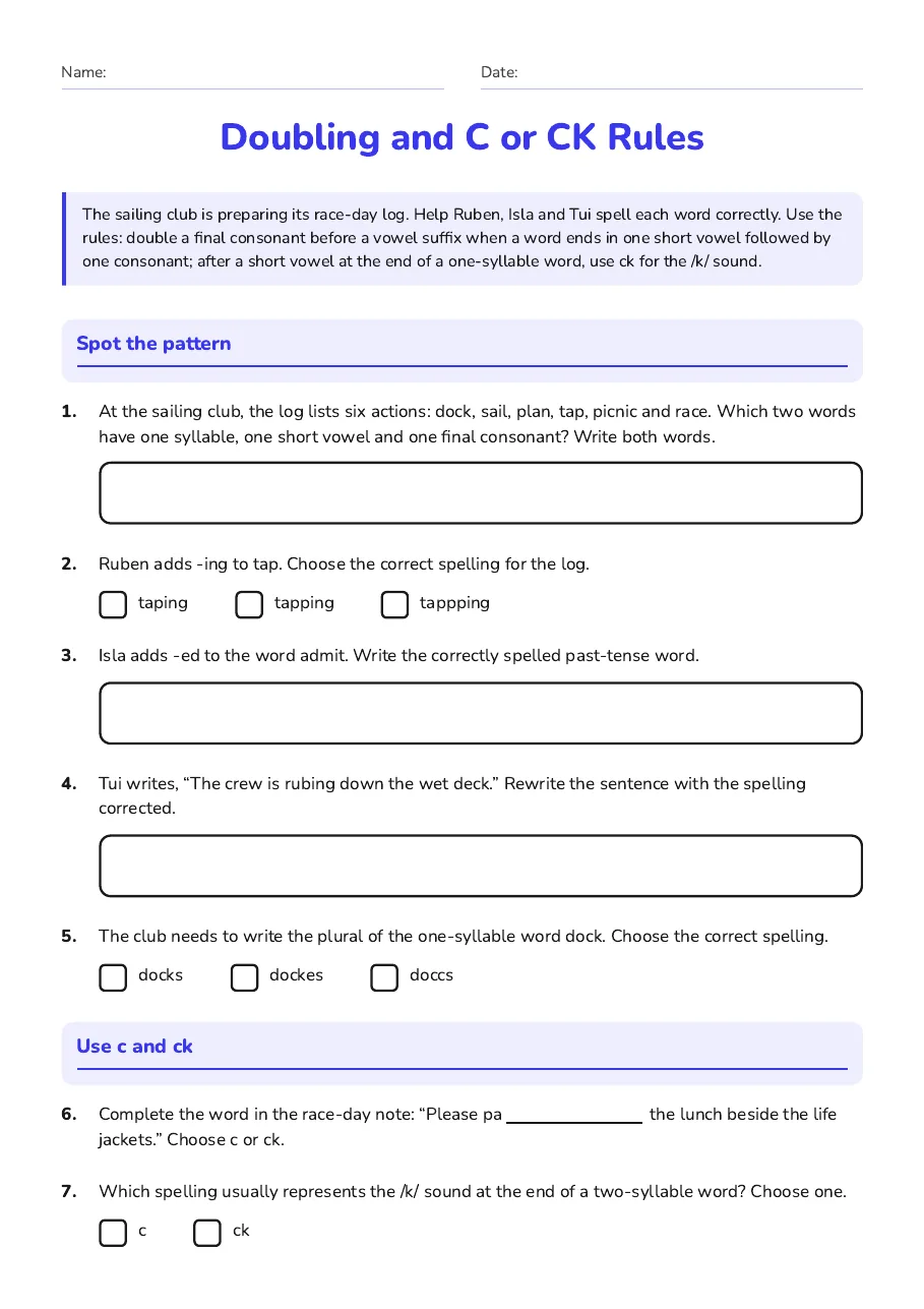 Doubling and C or CK Rules, page 1 of 2: Spot the pattern, Use c and ck