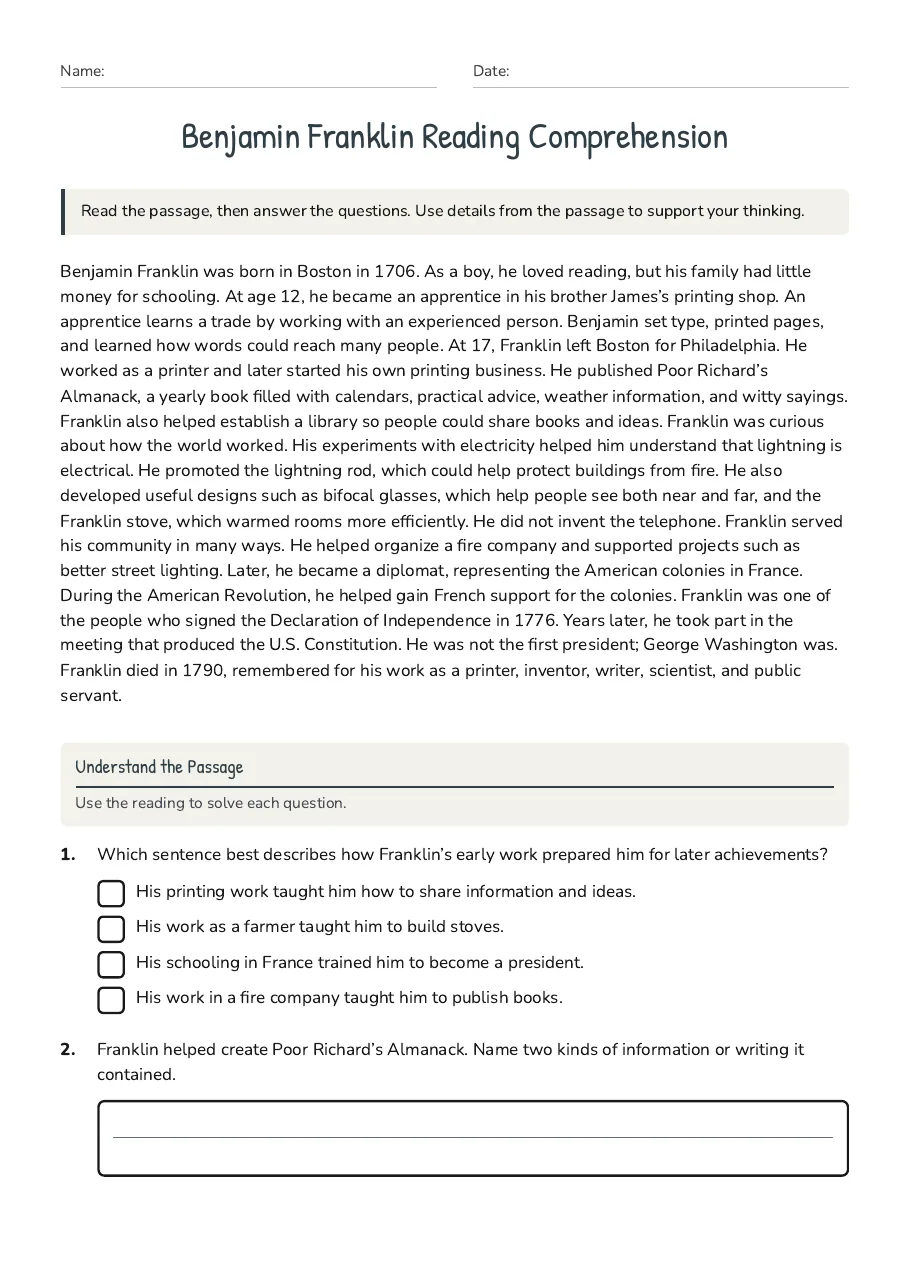 Benjamin Franklin Reading Comprehension, page 1 of 3: Understand the Passage