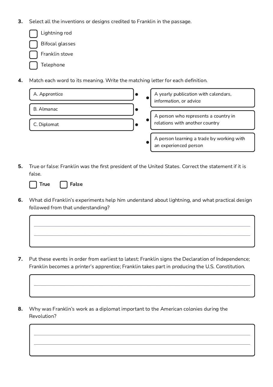 Benjamin Franklin Reading Comprehension, page 2 of 3: 3. Select all the inventions or designs credited to Franklin in the passage.