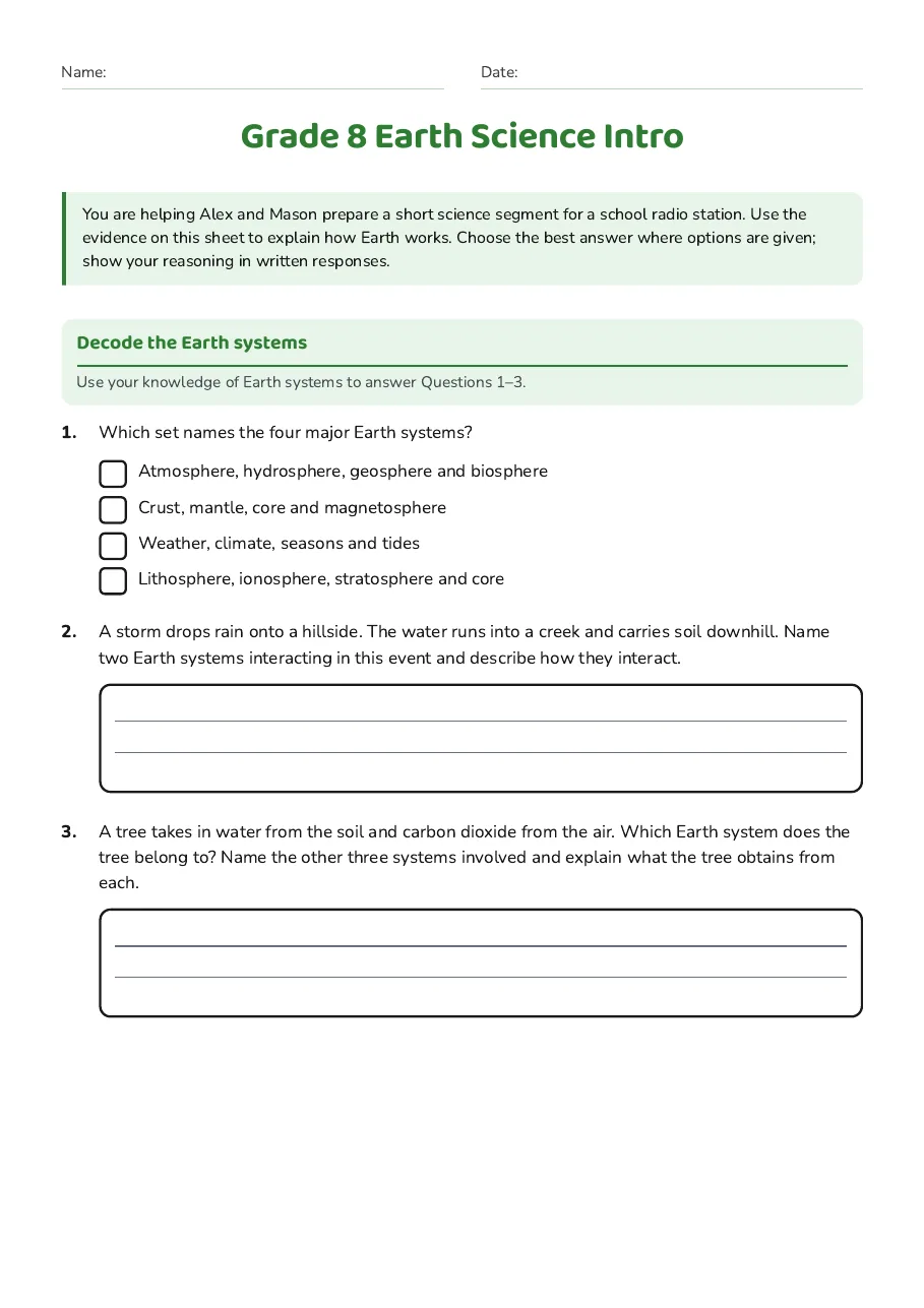 Grade 8 Earth Science Intro, page 1 of 3: Decode the Earth systems