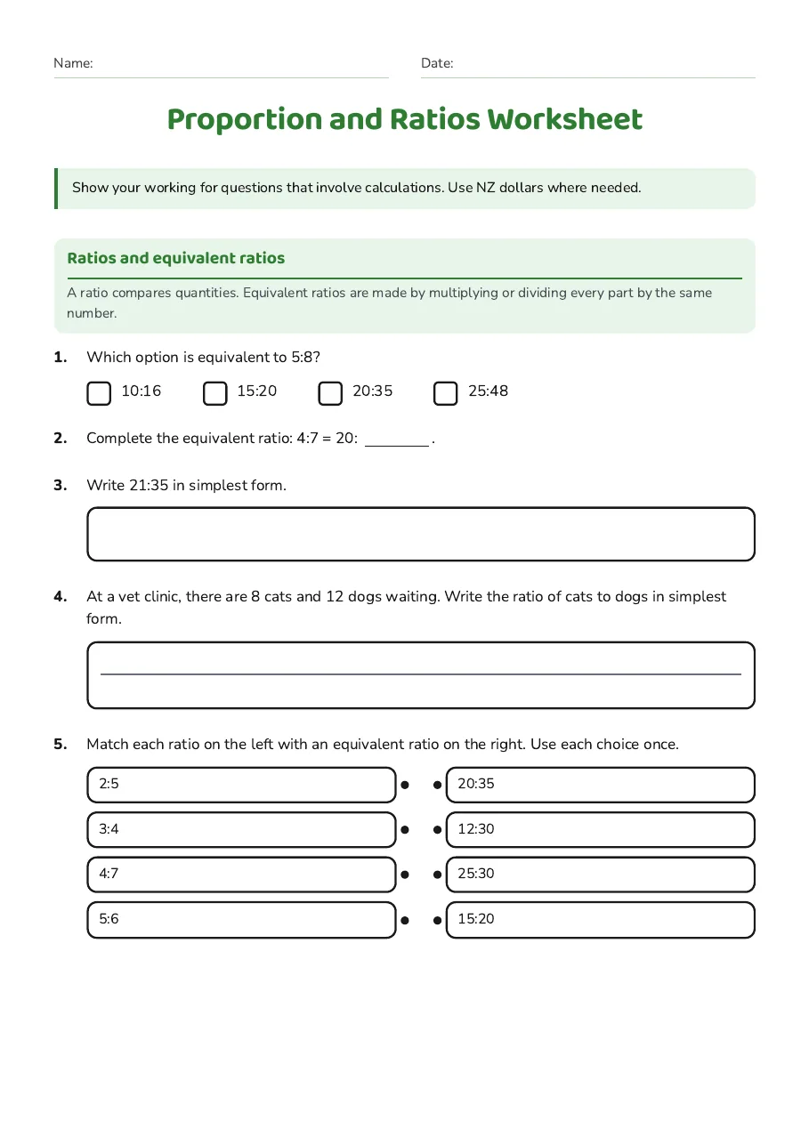 Proportion and Ratios Worksheet, page 1 of 3: Ratios and equivalent ratios