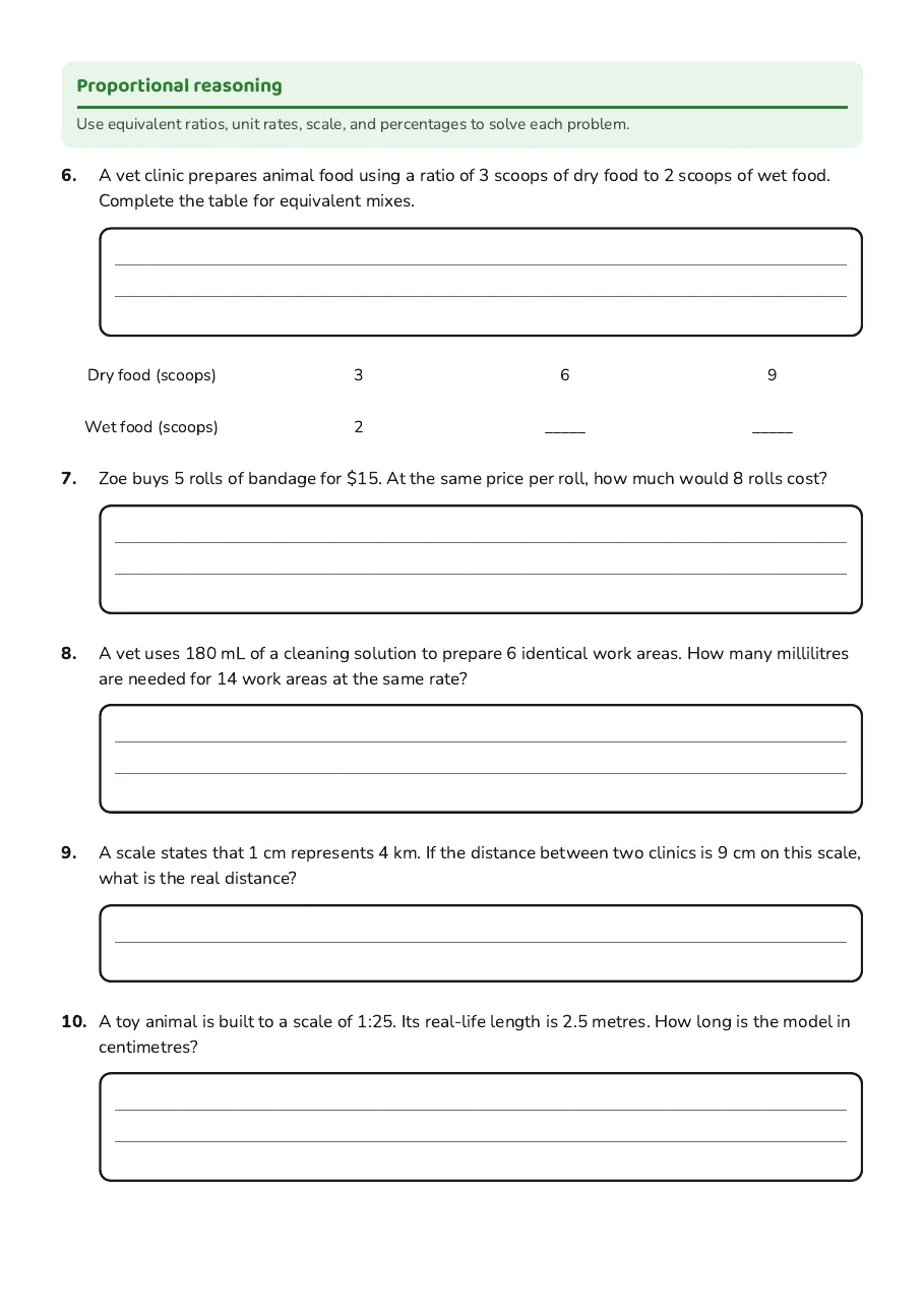 Proportion and Ratios Worksheet, page 2 of 3: Proportional reasoning