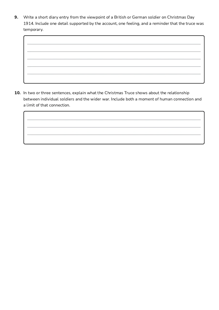 Christmas Truce 1914, page 3 of 3: 9. Write a short diary entry from the viewpoint of a British or German soldier on…