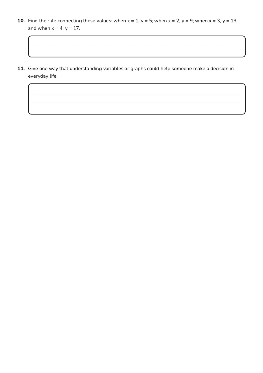 Variables and Graphs, page 3 of 3: 10. Find the rule connecting these values: when x = 1, y = 5; when x = 2, y = 9; when x =…