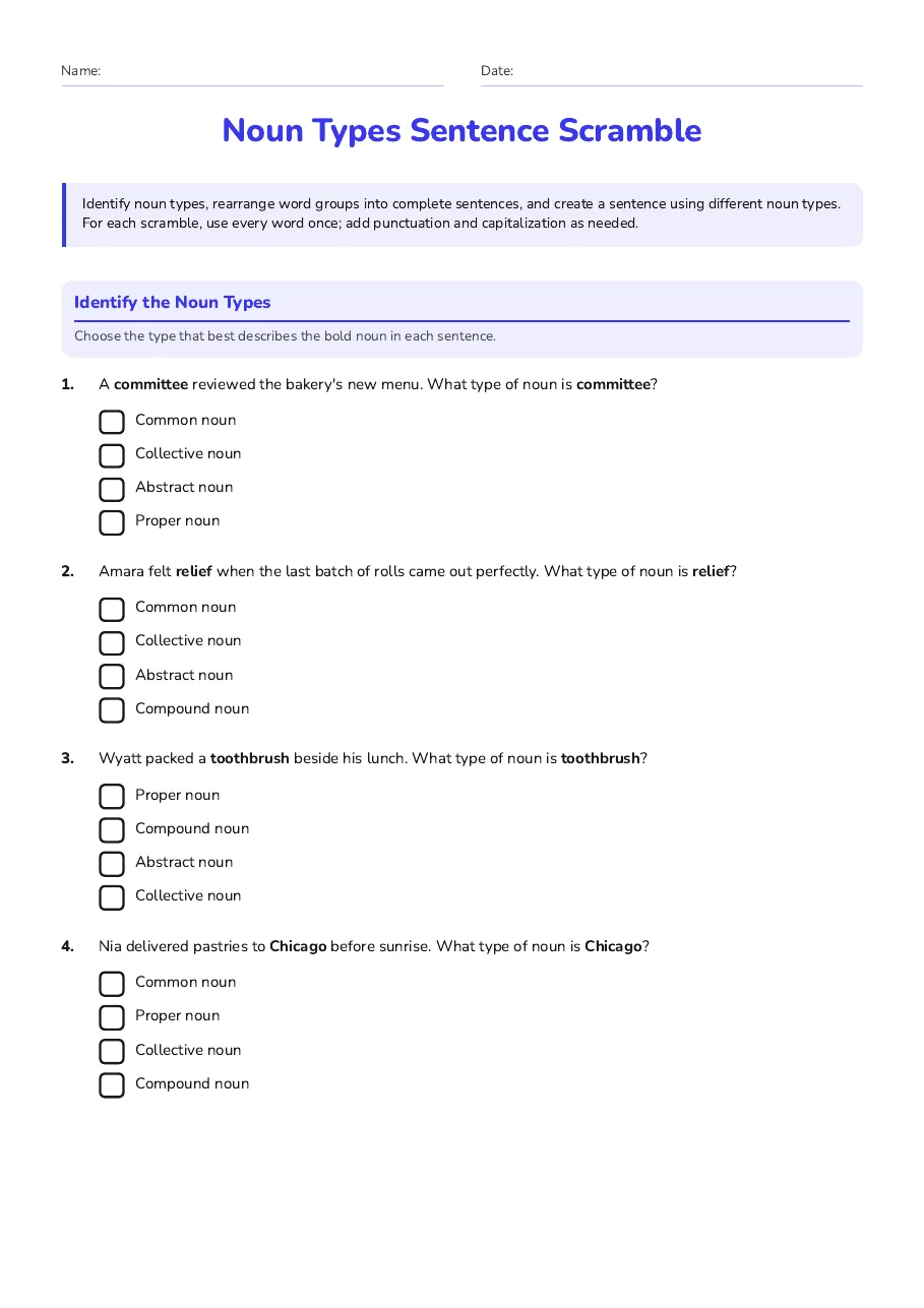 Noun type multiple-choice practice and bakery-themed sentence scrambles